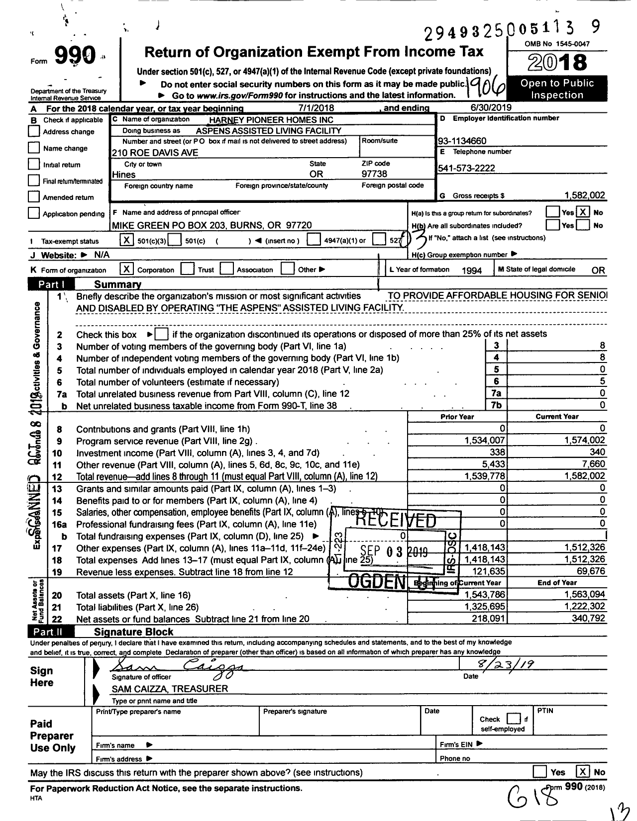 Image of first page of 2018 Form 990 for Aspens Assisted Living Facility
