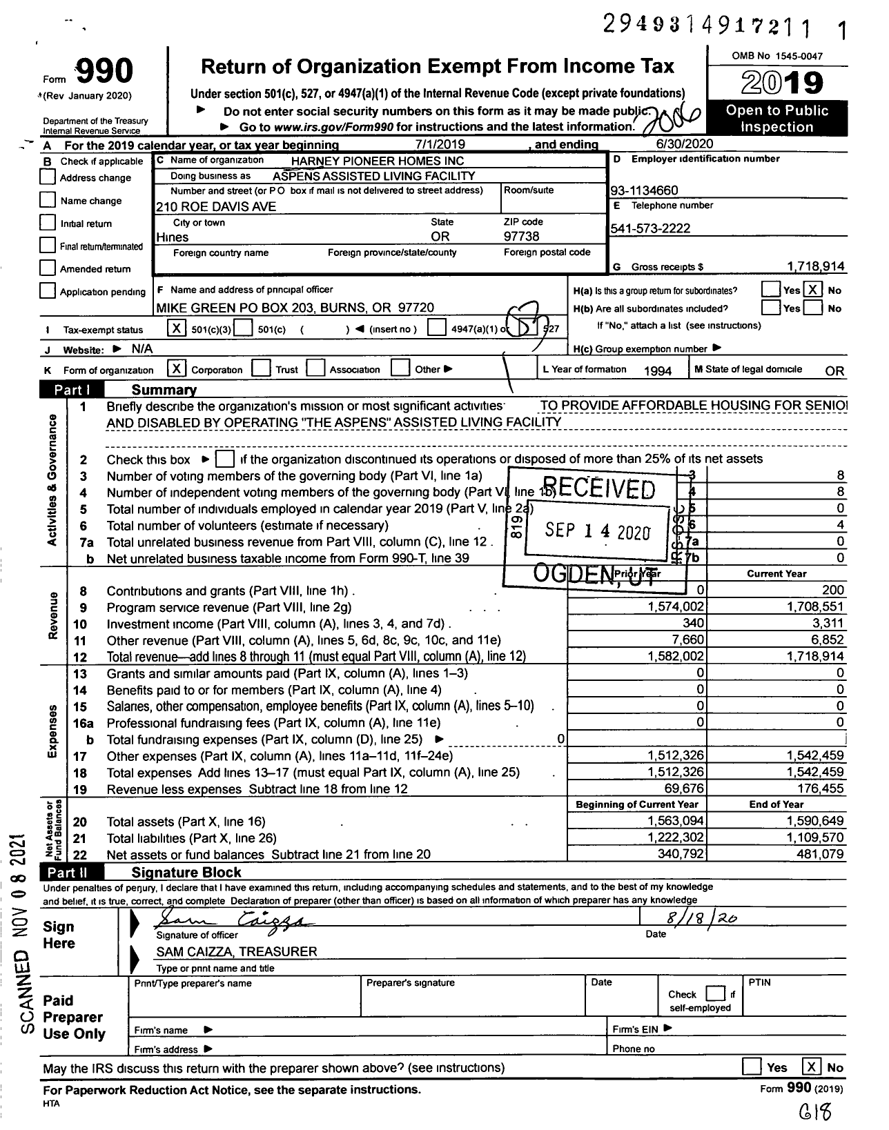 Image of first page of 2019 Form 990 for Aspens Assisted Living Facility