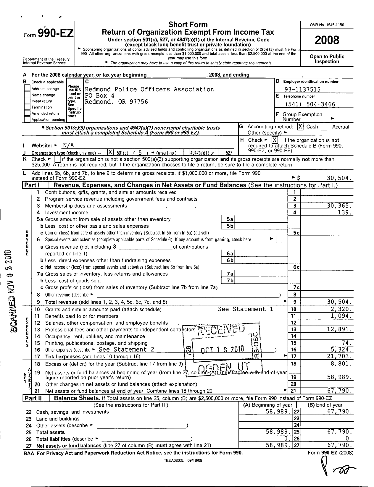 Image of first page of 2008 Form 990EO for Redmond Police Officers Association