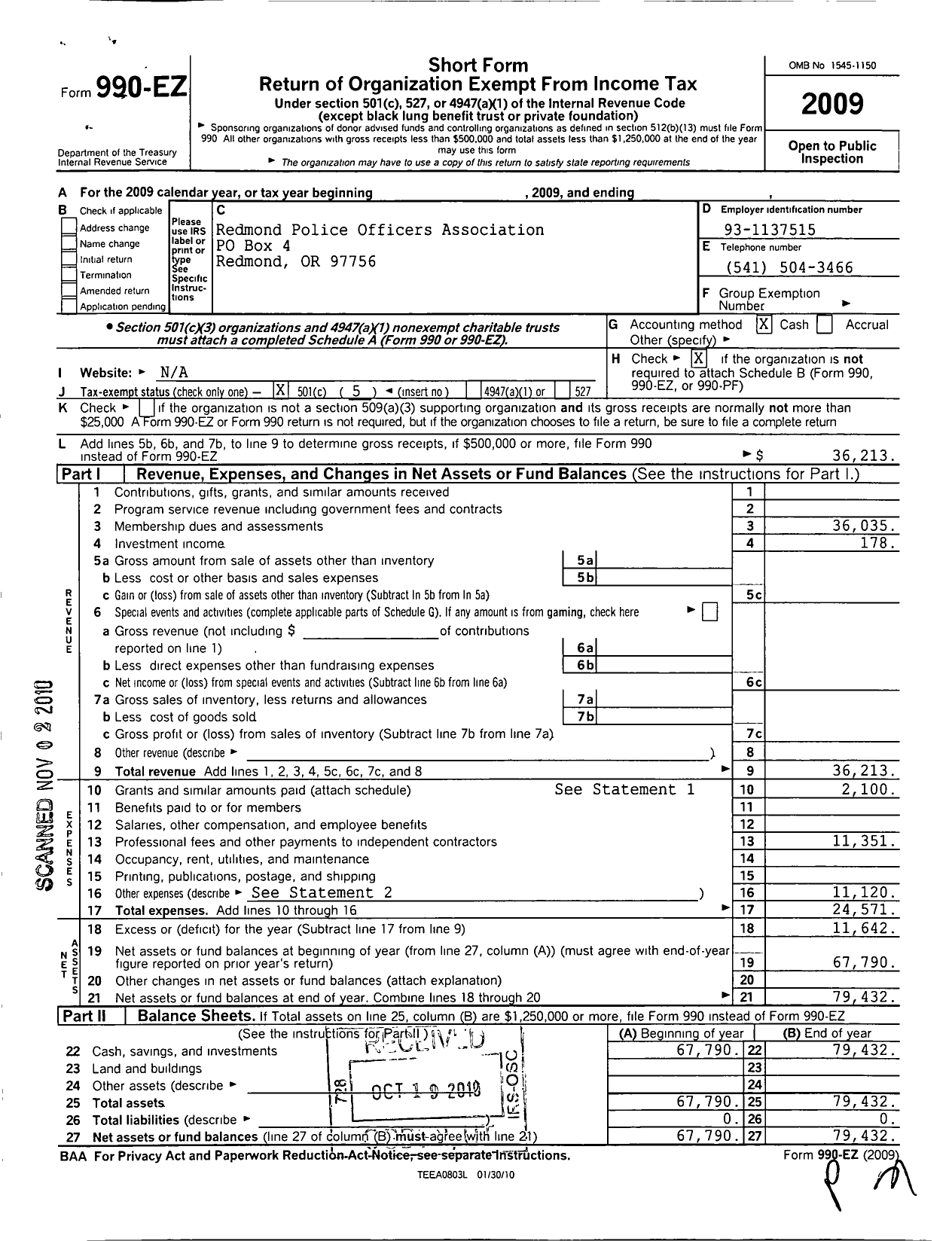 Image of first page of 2009 Form 990EO for Redmond Police Officers Association