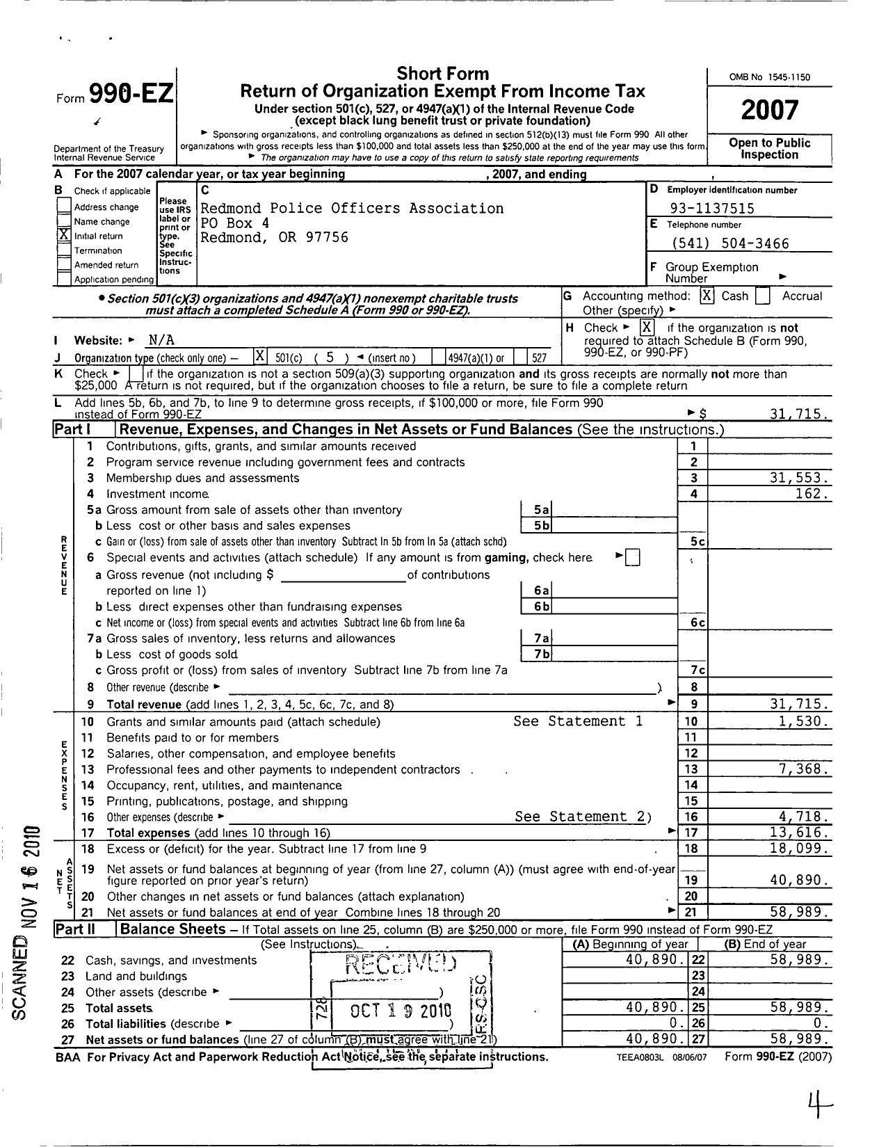 Image of first page of 2007 Form 990EO for Redmond Police Officers Association