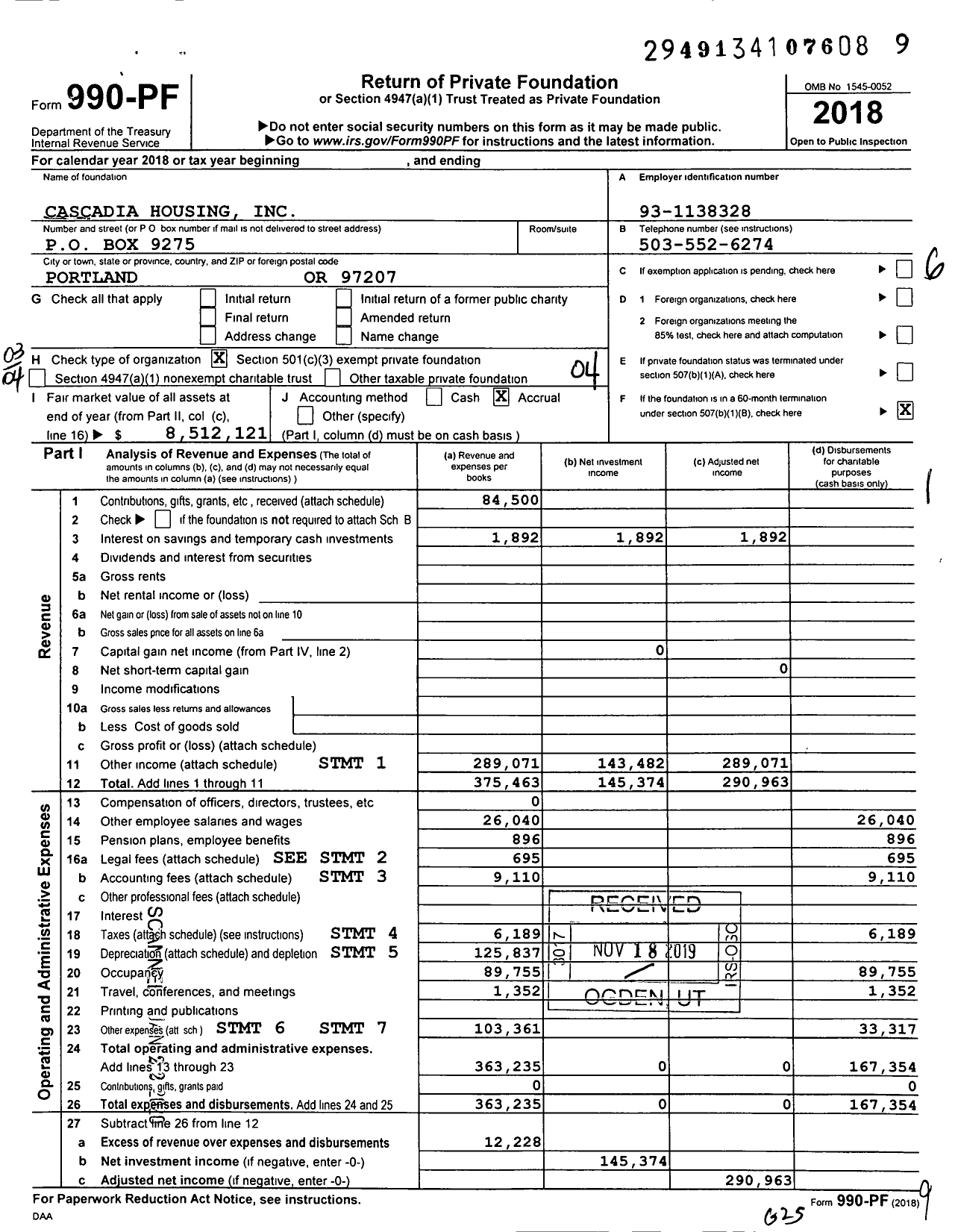 Image of first page of 2018 Form 990PF for Cascadia Housing