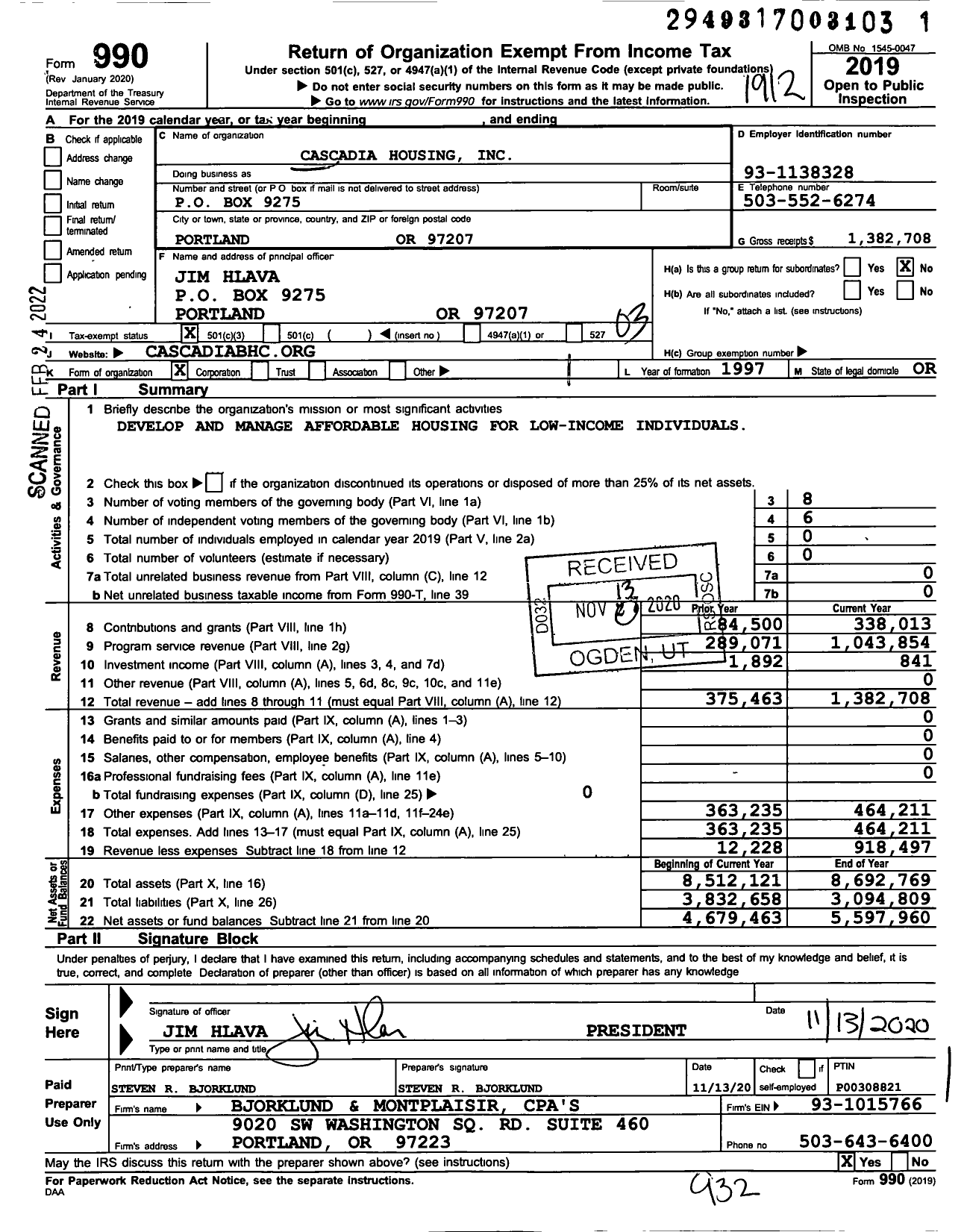 Image of first page of 2019 Form 990 for Cascadia Housing
