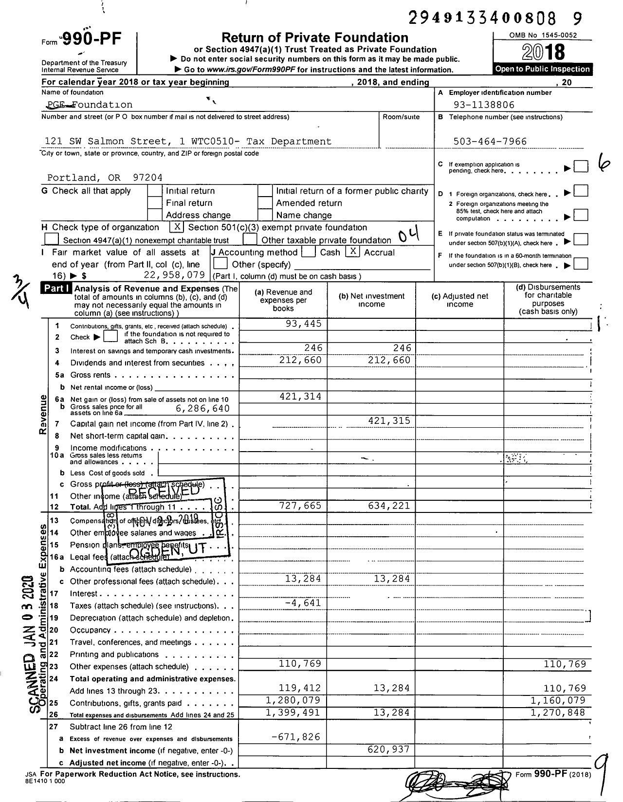 Image of first page of 2018 Form 990PF for PGE Foundation