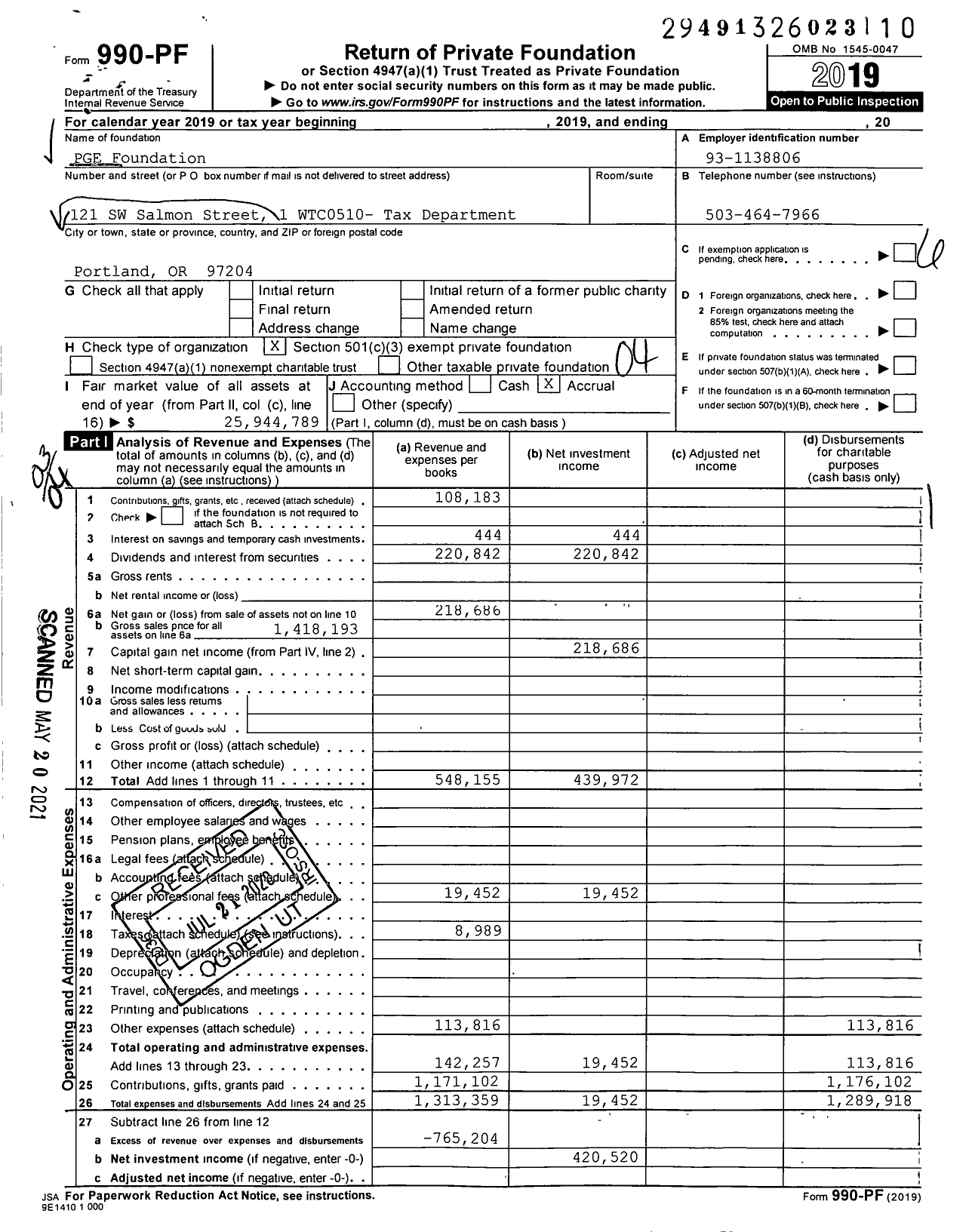 Image of first page of 2019 Form 990PF for PGE Foundation