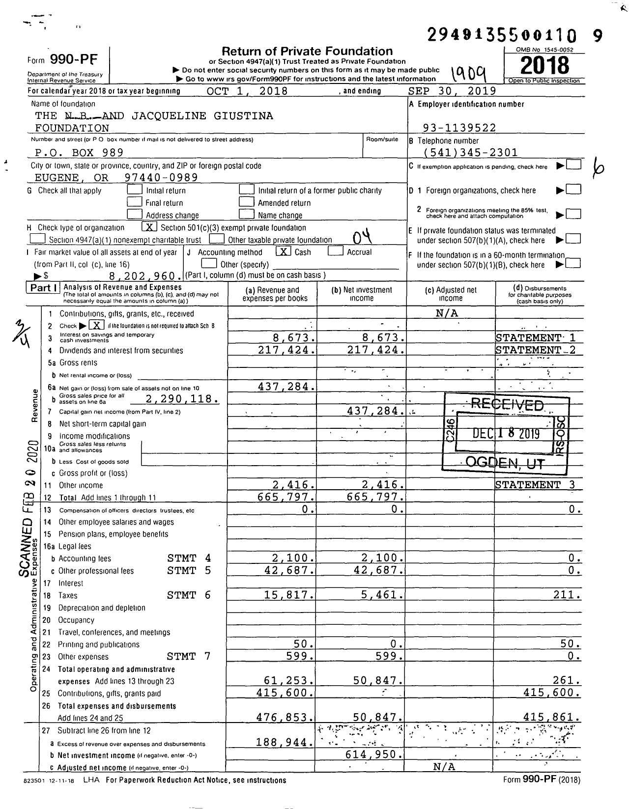 Image of first page of 2018 Form 990PF for The NB and Jacqueline Giustina Foundation