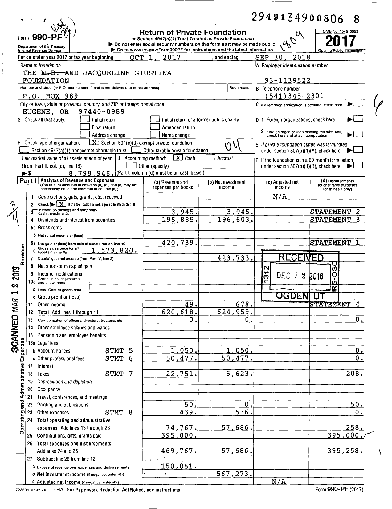 Image of first page of 2017 Form 990PF for The NB and Jacqueline Giustina Foundation