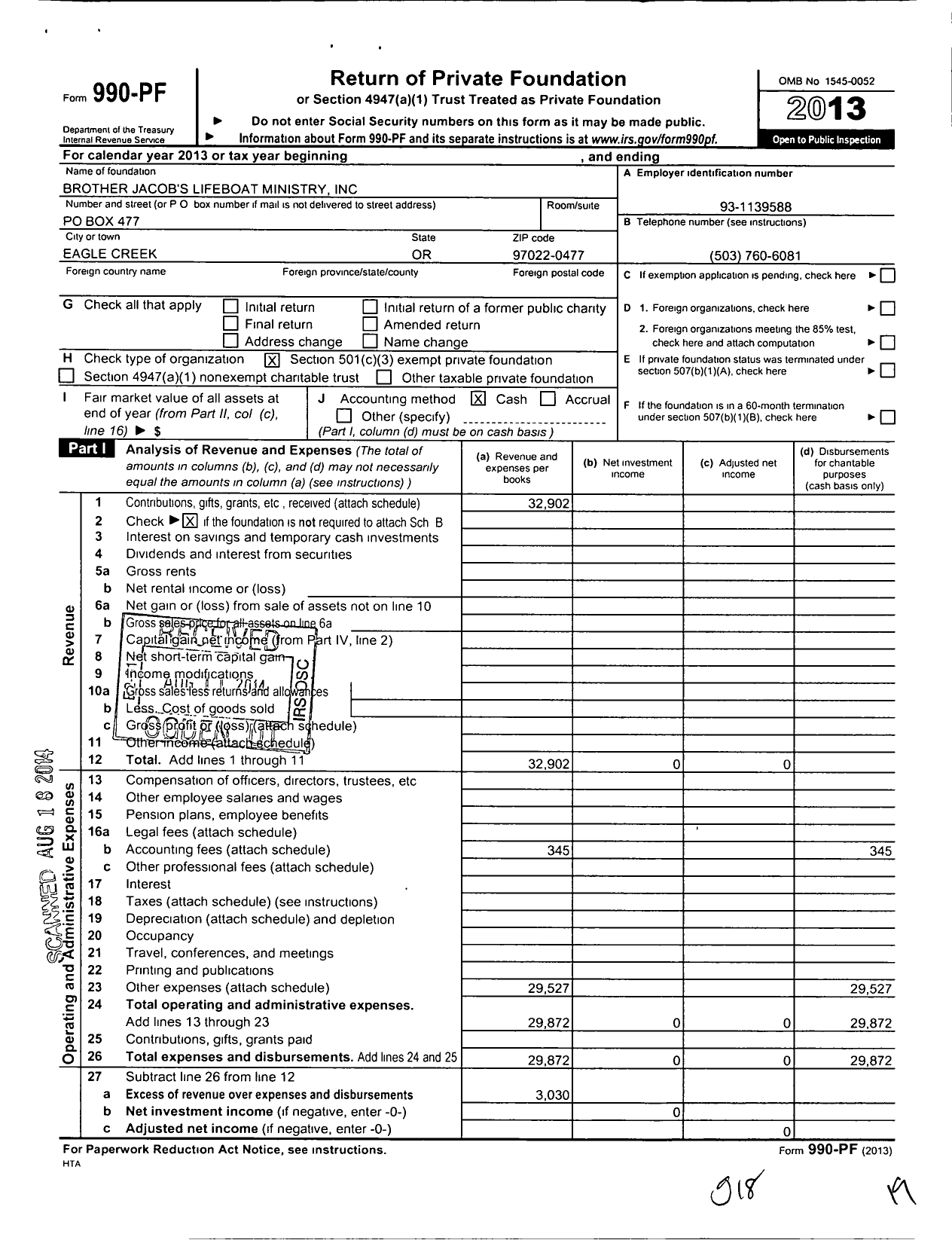 Image of first page of 2013 Form 990PF for Brother Jacobs Lifeboat Ministry