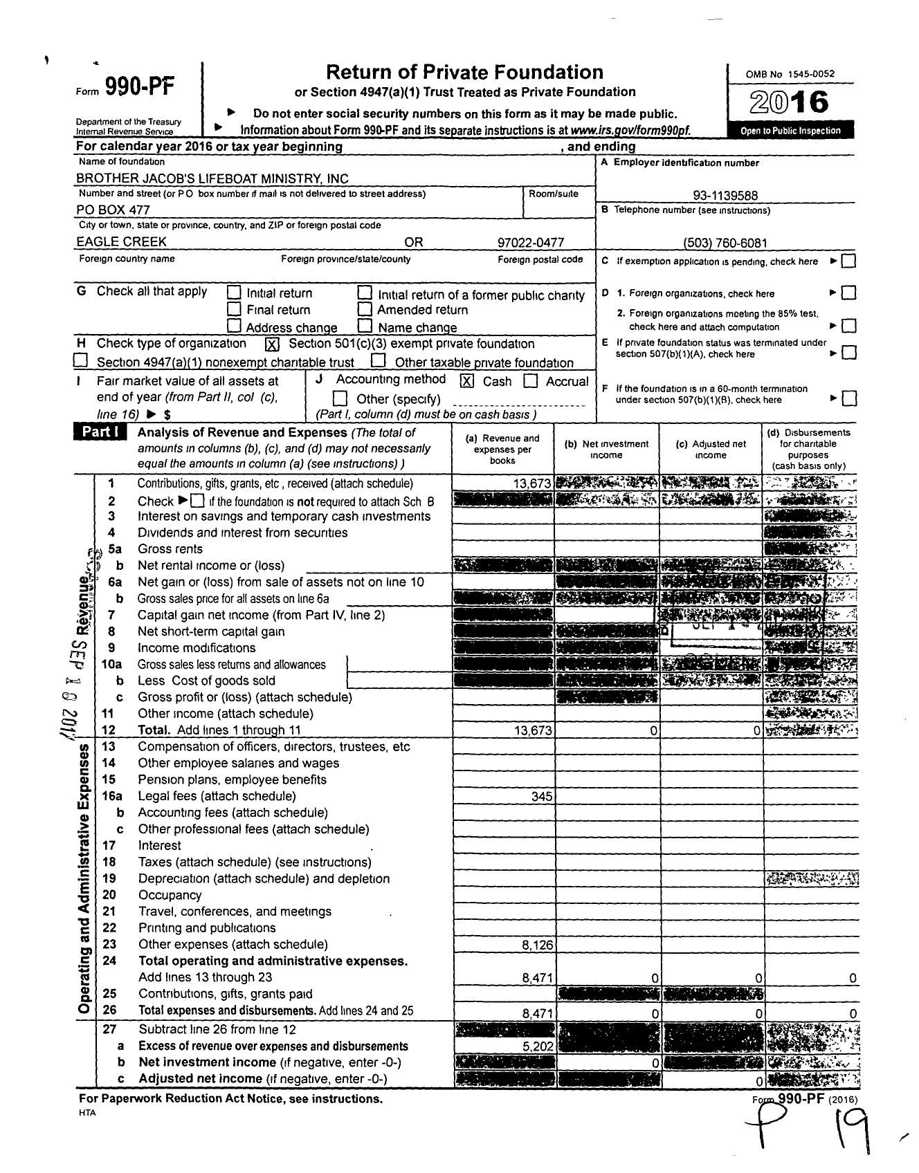 Image of first page of 2016 Form 990PF for Brother Jacobs Lifeboat Ministry