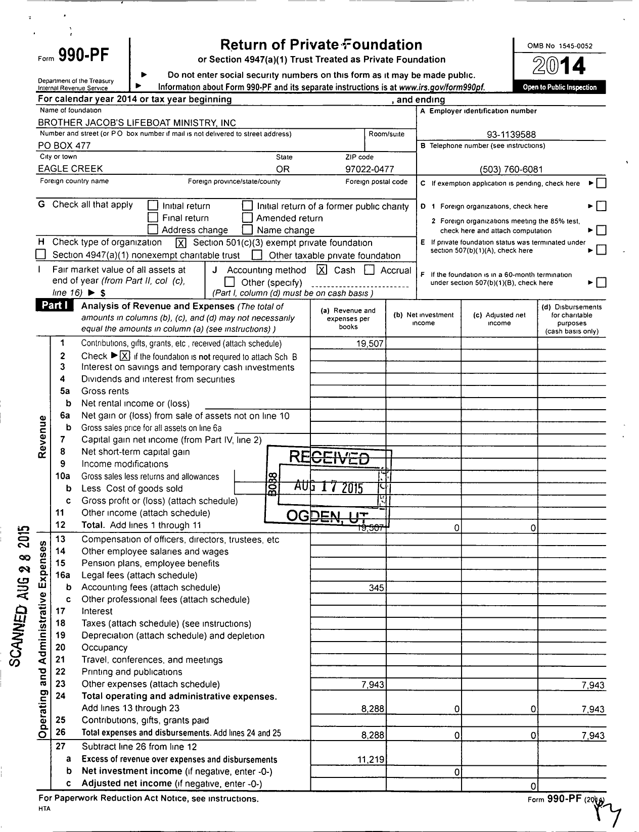 Image of first page of 2014 Form 990PF for Brother Jacobs Lifeboat Ministry