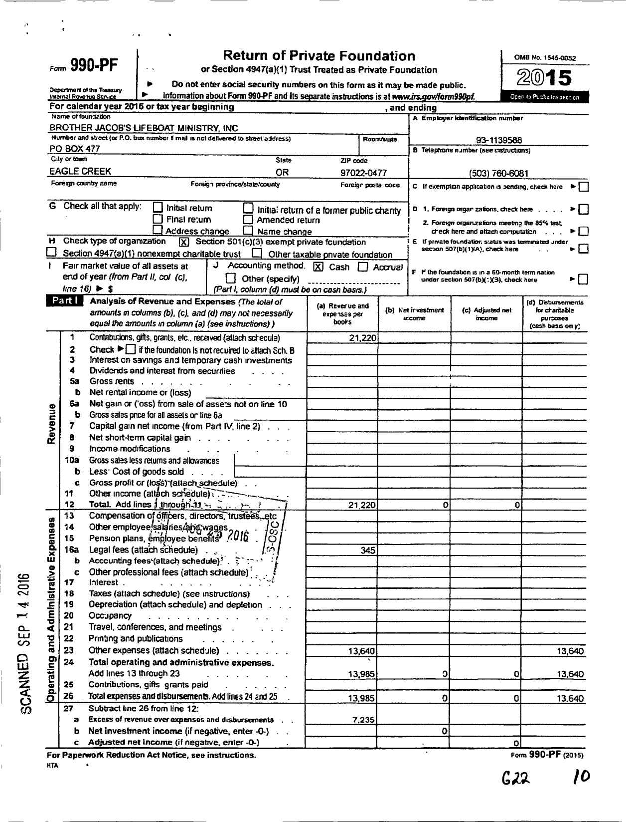 Image of first page of 2015 Form 990PF for Brother Jacobs Lifeboat Ministry