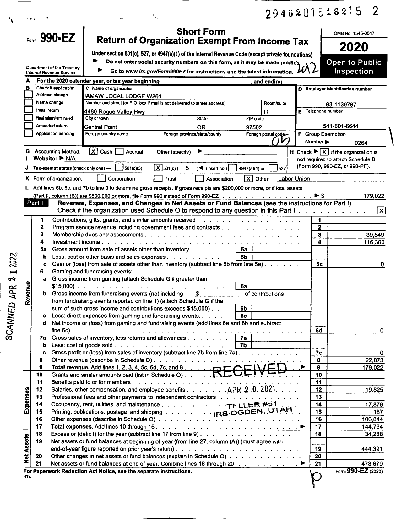 Image of first page of 2020 Form 990EO for International Association of Machinists and Aerospace Workers - 261w