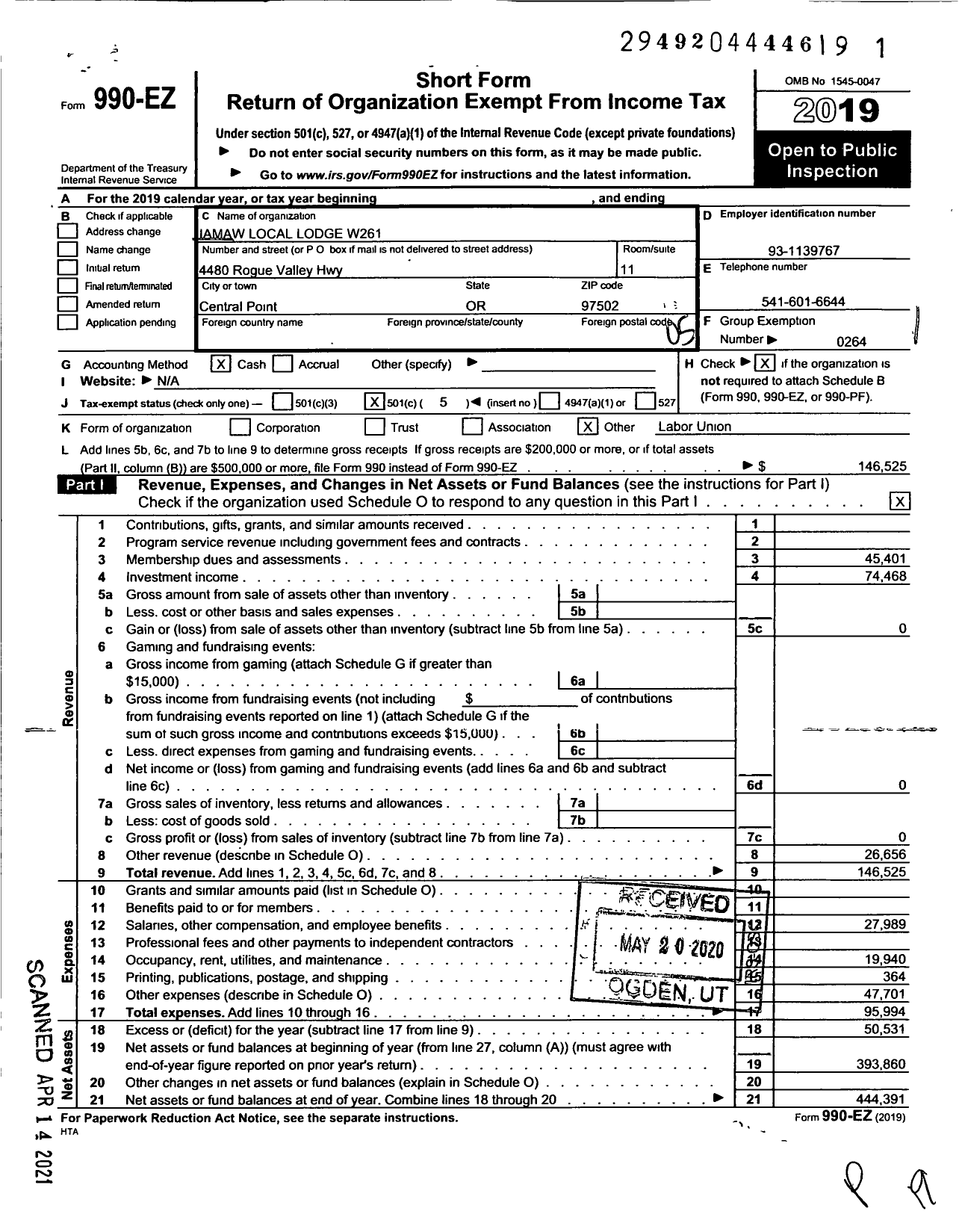 Image of first page of 2019 Form 990EO for International Association of Machinists and Aerospace Workers - 261w