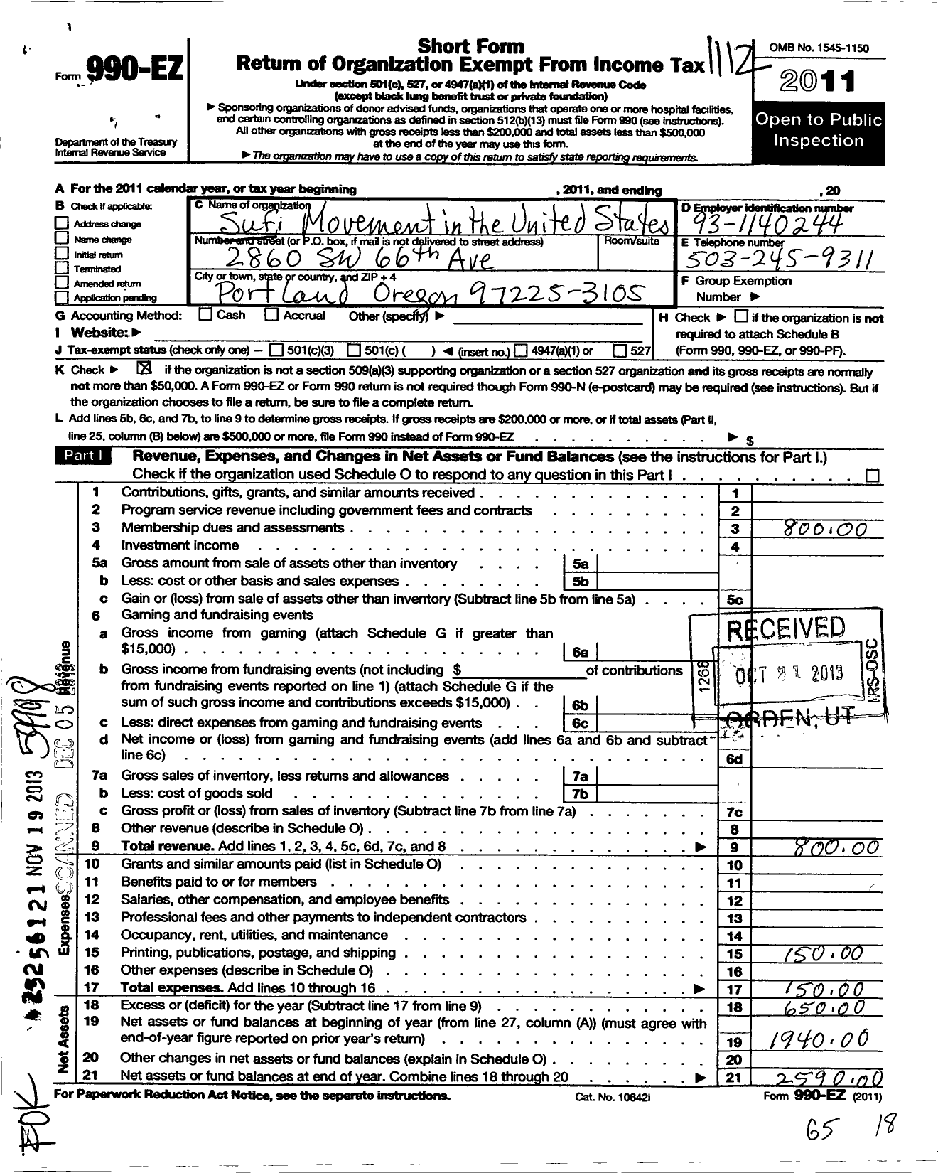 Image of first page of 2011 Form 990EO for Sufi Movement in the United States