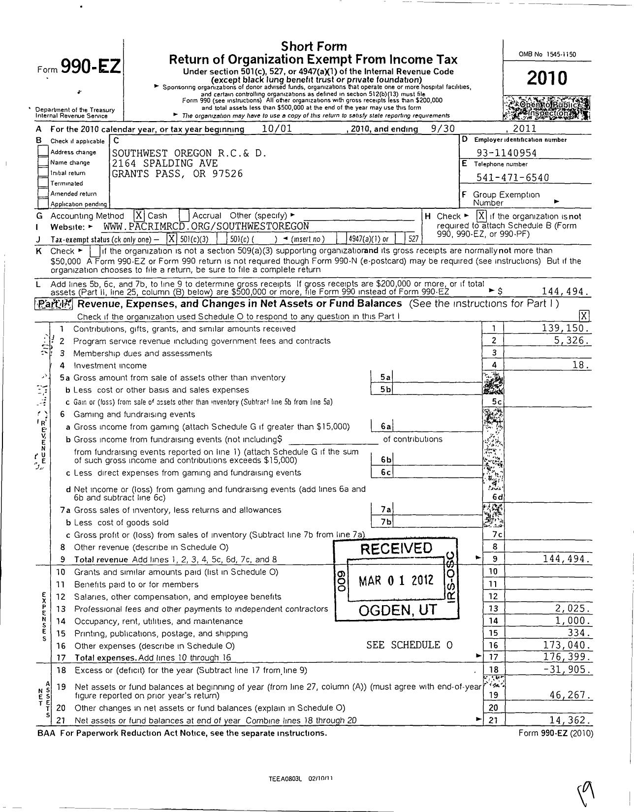 Image of first page of 2010 Form 990EZ for Southwest Oregon Resource Conservation and Development Area in