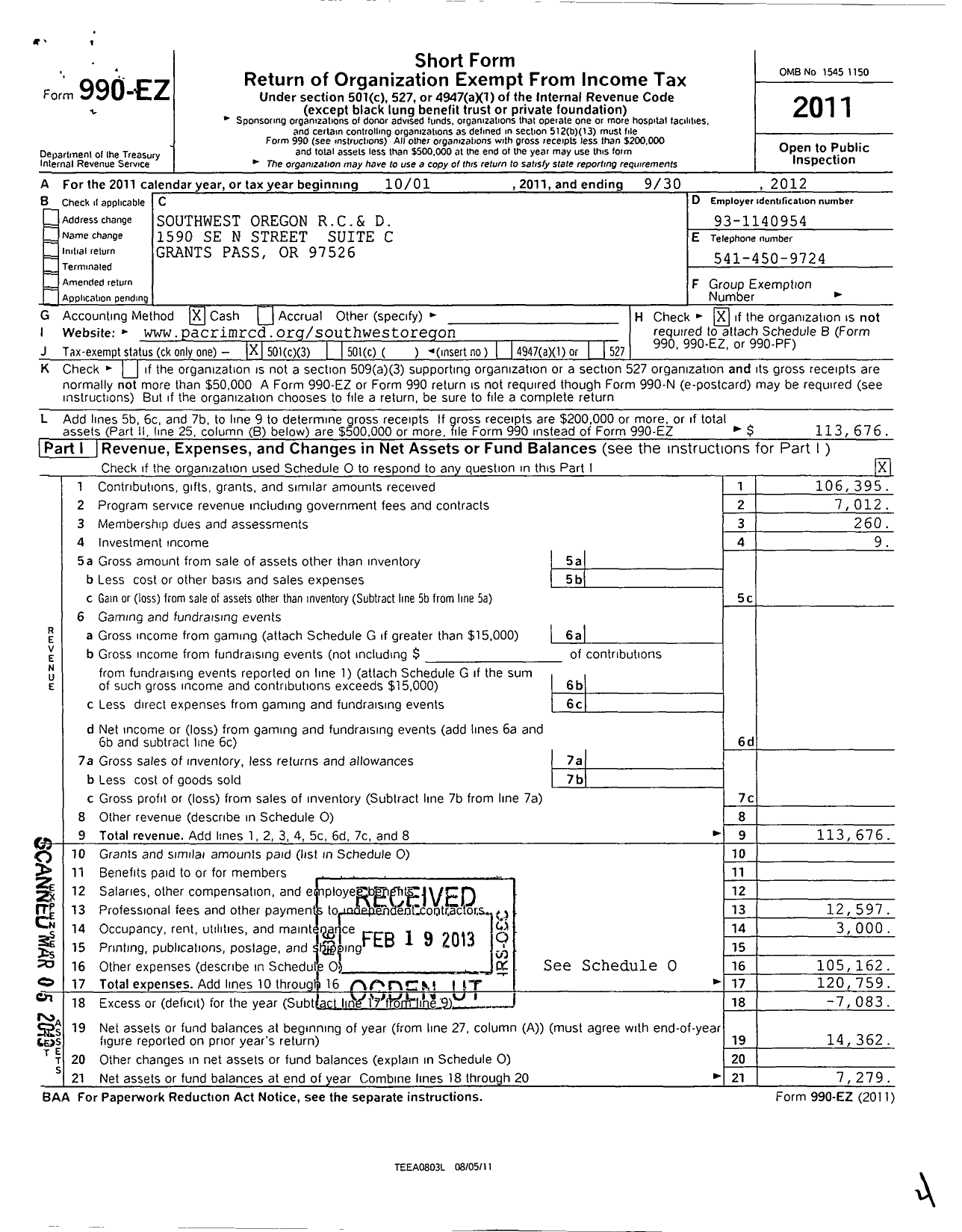 Image of first page of 2011 Form 990EZ for Southwest Oregon Resource Conservation and Development Area in