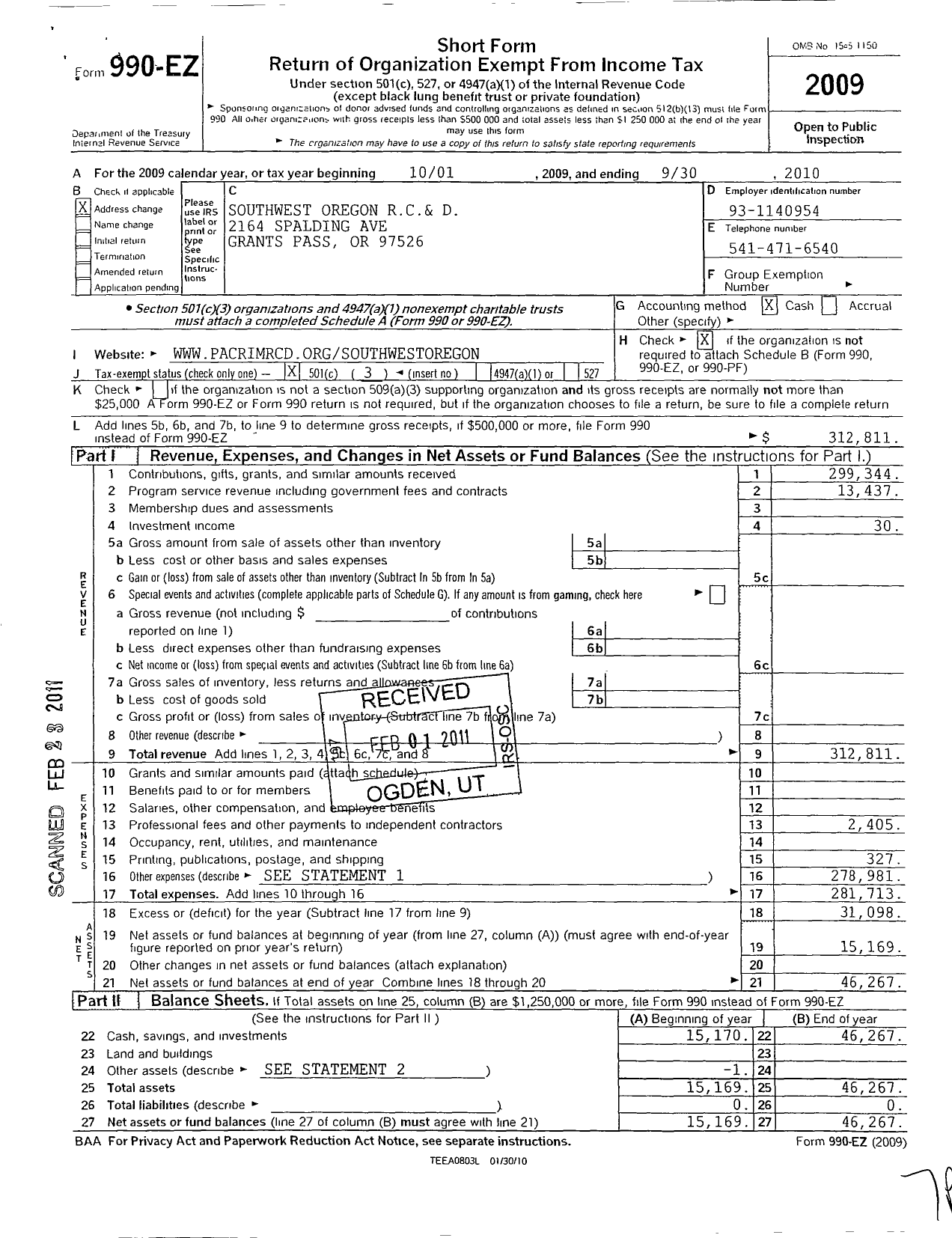 Image of first page of 2009 Form 990EZ for Southwest Oregon Resource Conservation and Development Area in