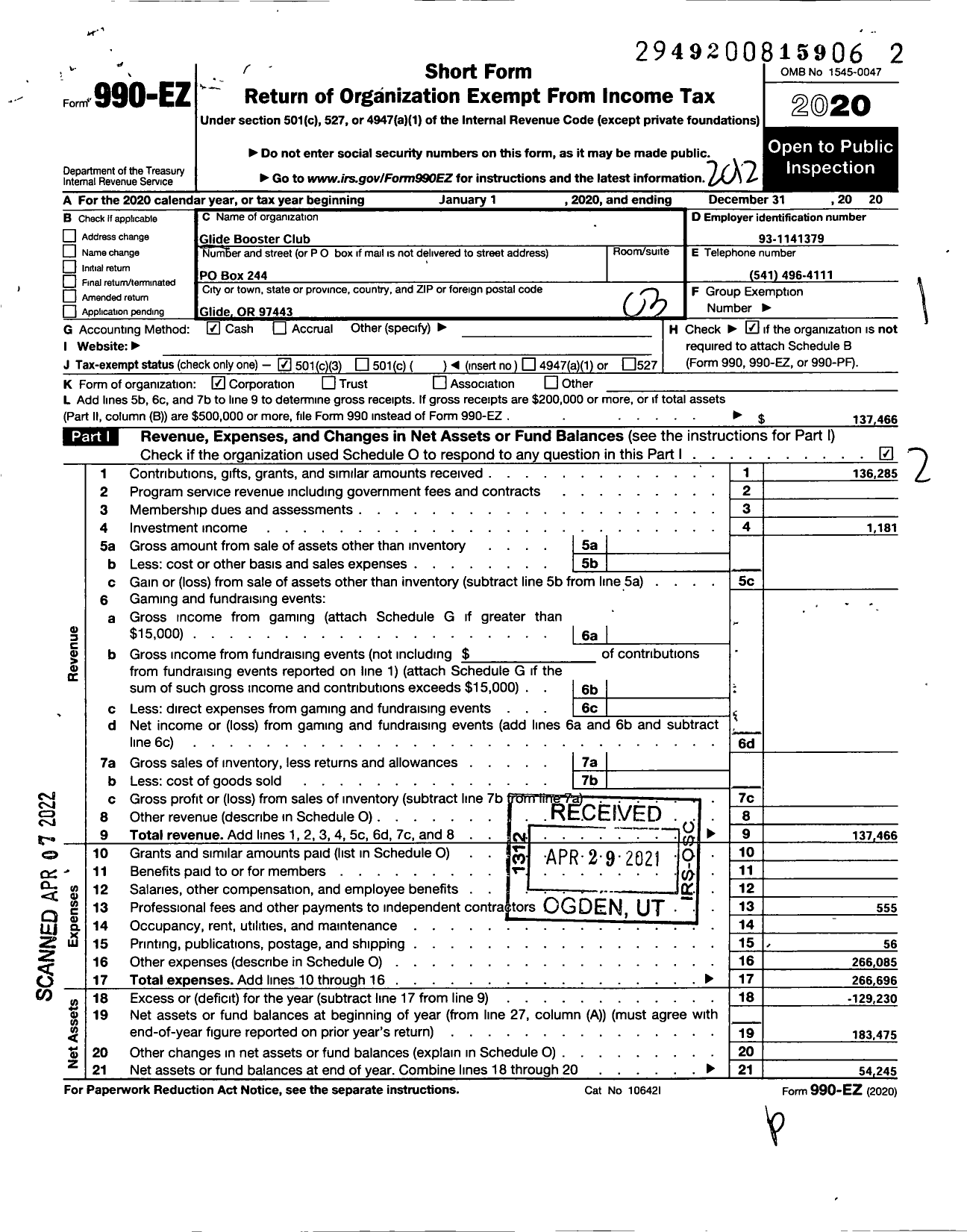 Image of first page of 2020 Form 990EZ for Glide Booster Club