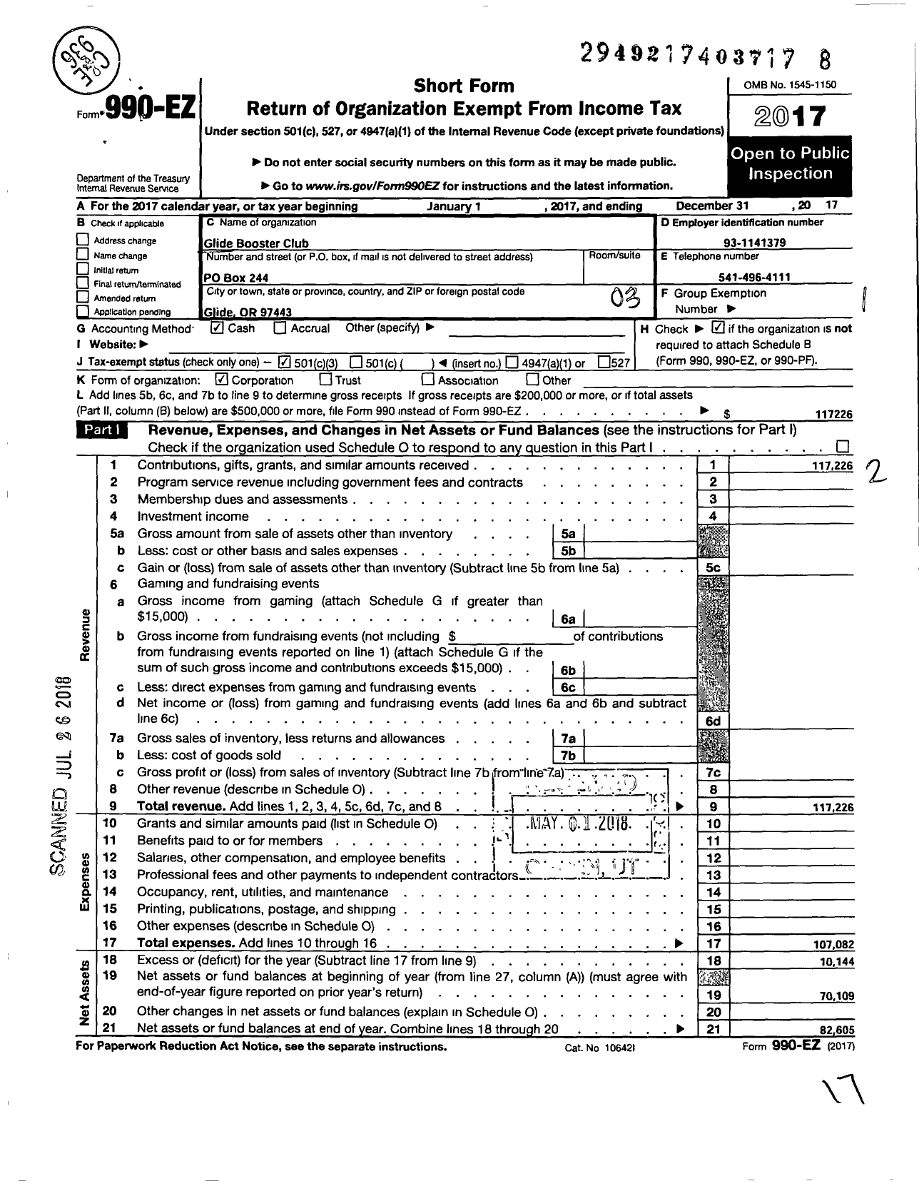 Image of first page of 2017 Form 990EZ for Glide Booster Club