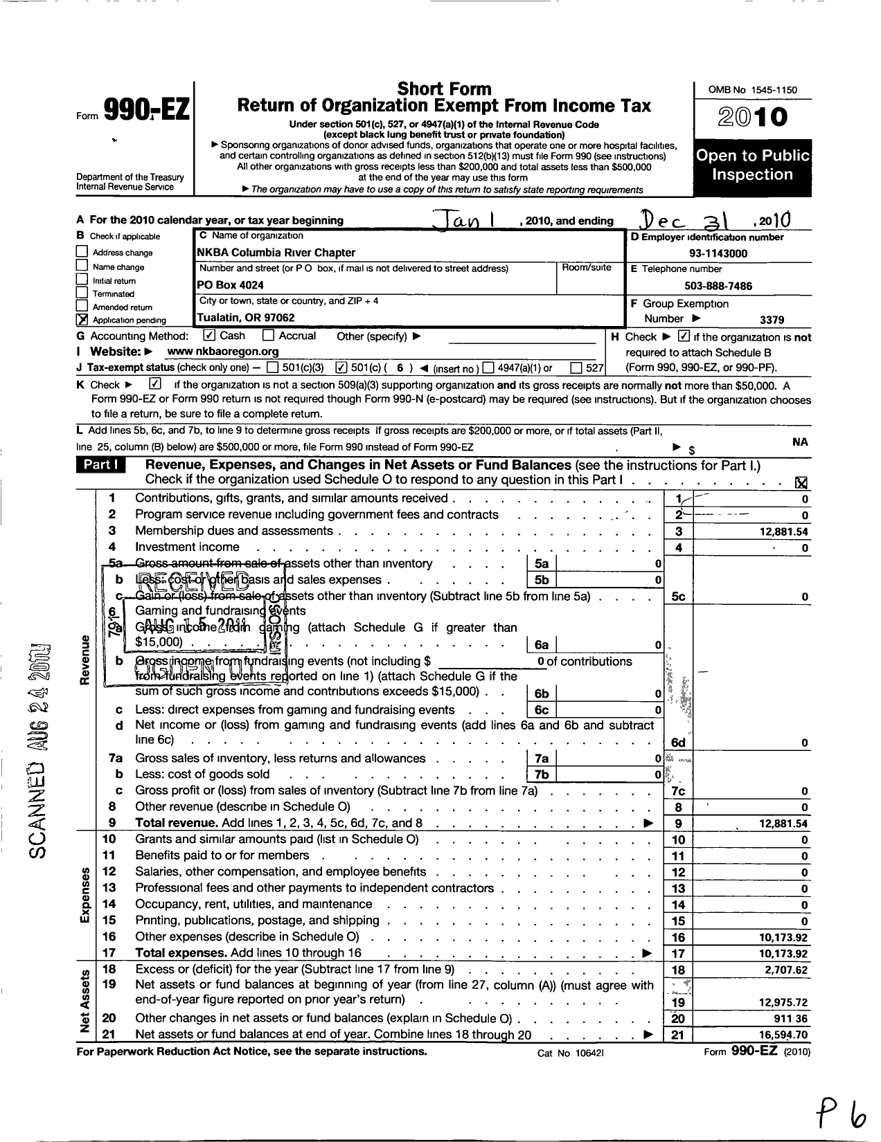 Image of first page of 2010 Form 990EO for National Kitchen and Bath Association / Columbia River Chapter