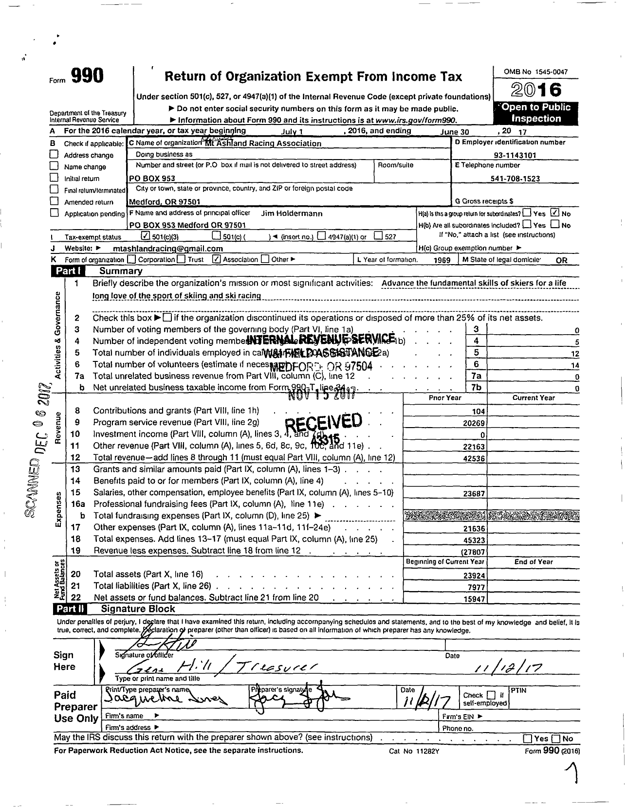 Image of first page of 2016 Form 990 for Mount Ashland Racing Association