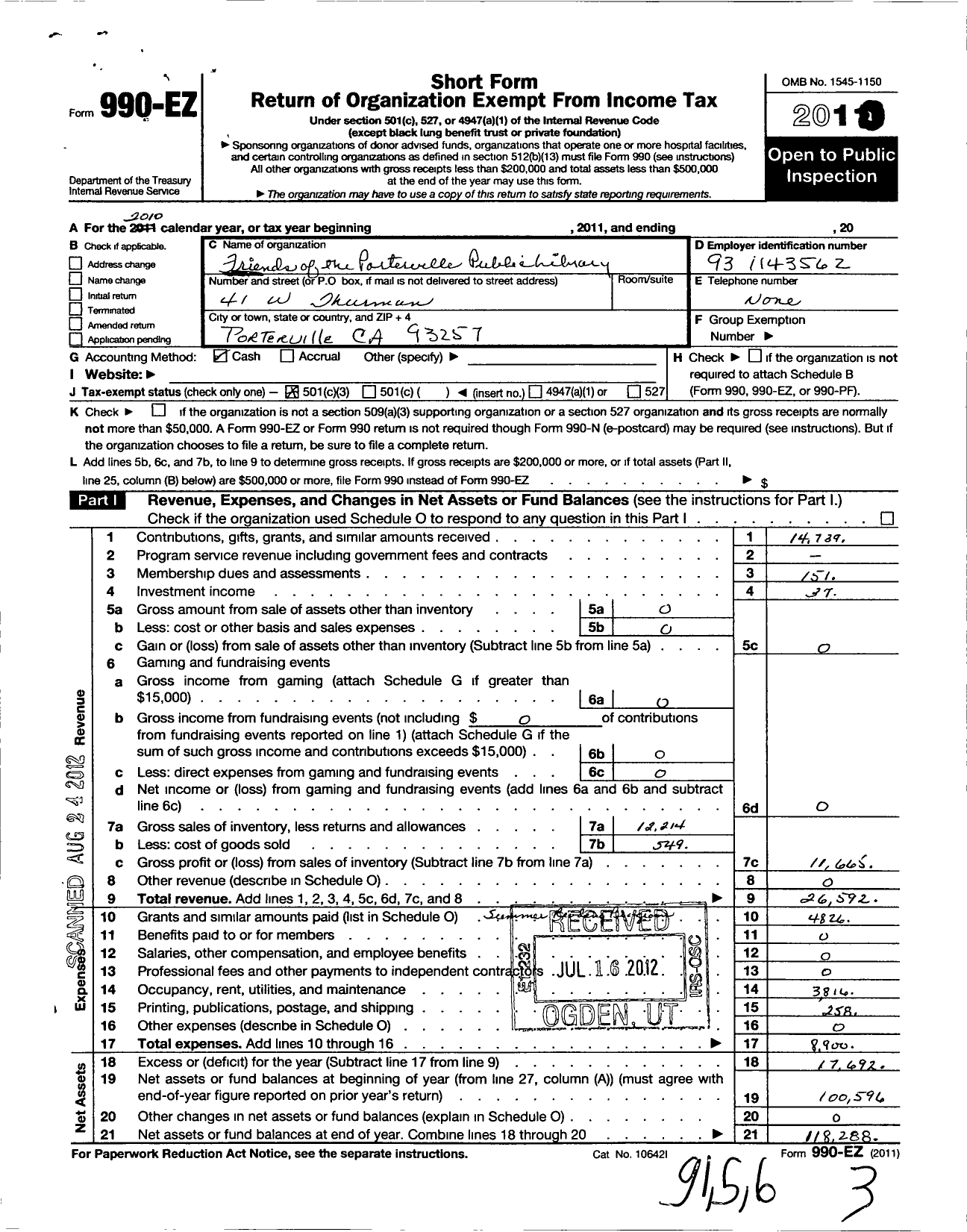 Image of first page of 2010 Form 990EZ for The Friends of the Porterville Public Library