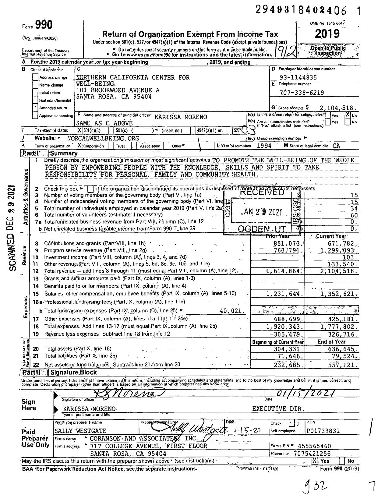 Image of first page of 2019 Form 990 for Northern California Center For Well-Being