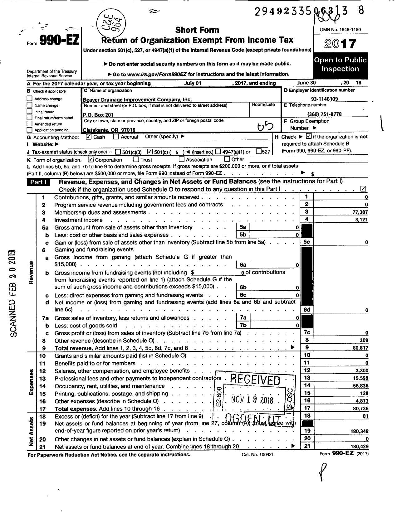 Image of first page of 2017 Form 990EO for Beaver Drainage Improvement Company