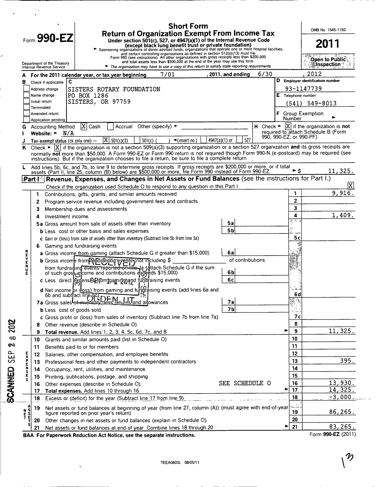 Image of first page of 2011 Form 990EZ for Sisters Rotary Foundation