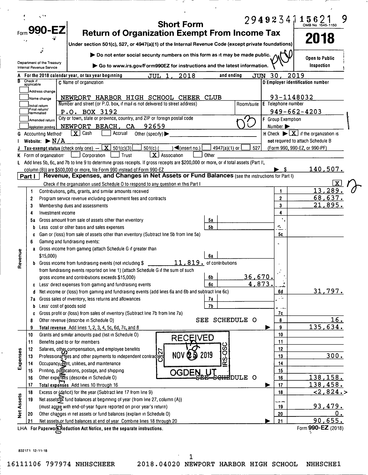 Image of first page of 2018 Form 990EZ for Newport Harbor High School Cheer Club