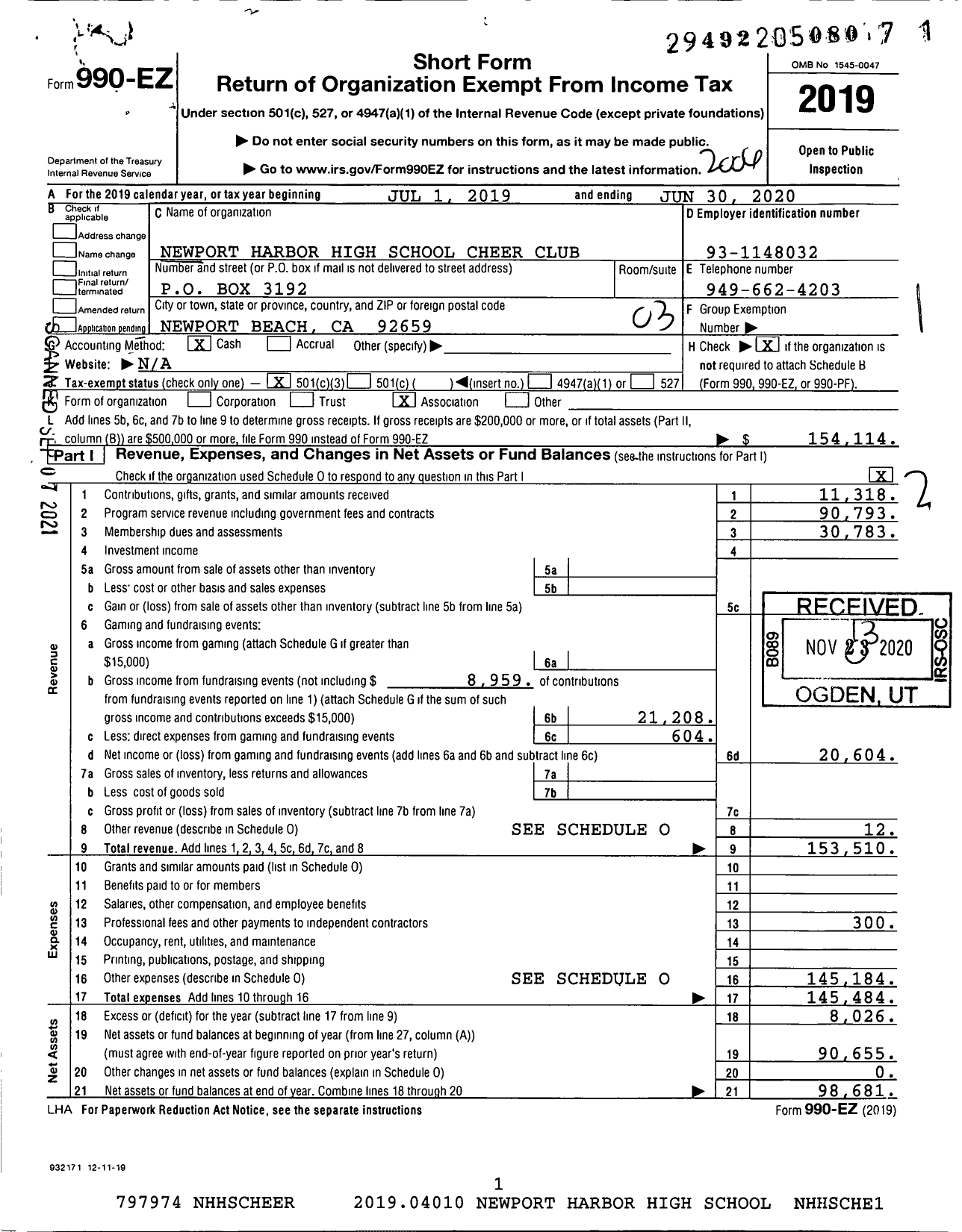 Image of first page of 2019 Form 990EZ for Newport Harbor High School Cheer Club