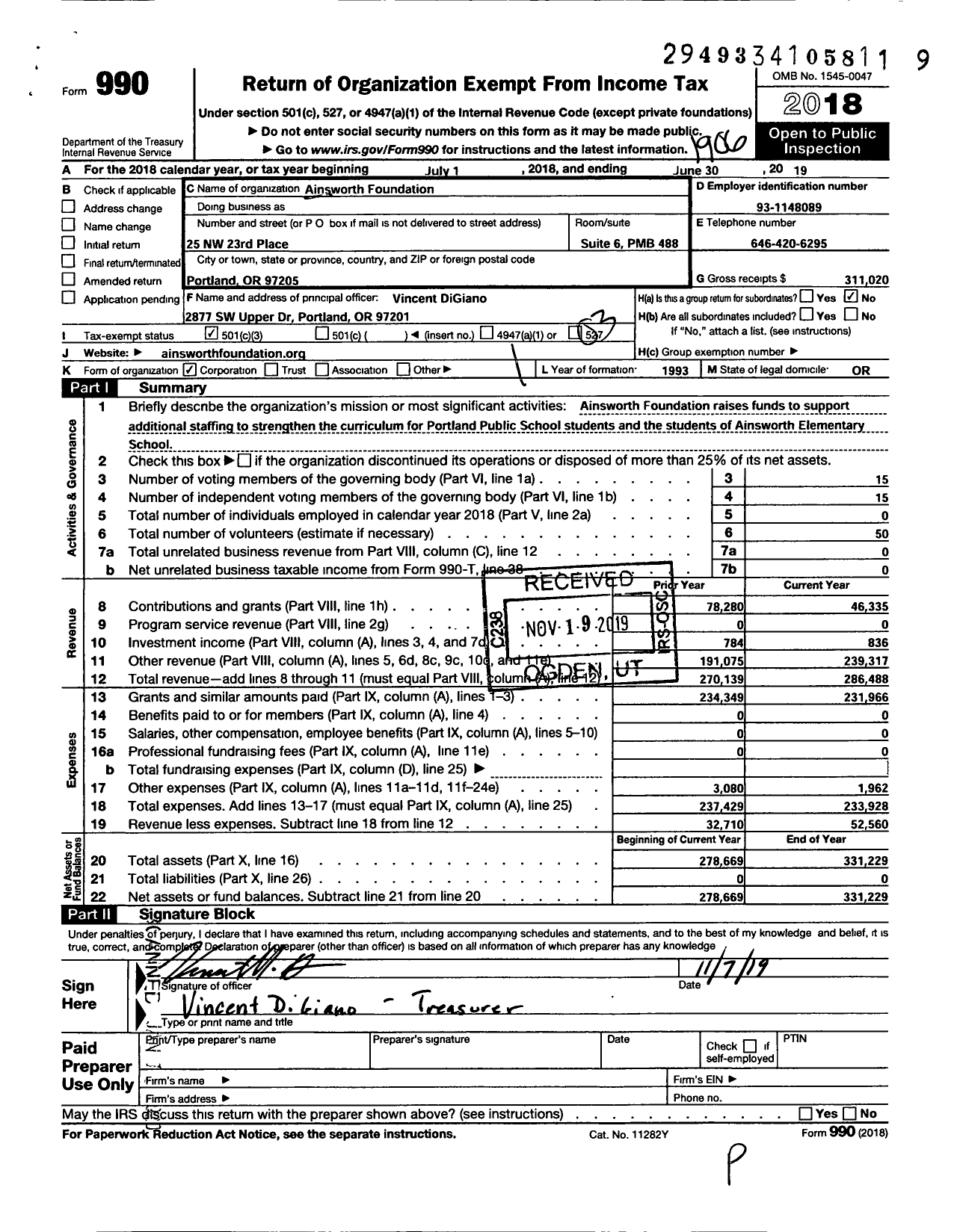 Image of first page of 2018 Form 990 for Ainsworth Foundation