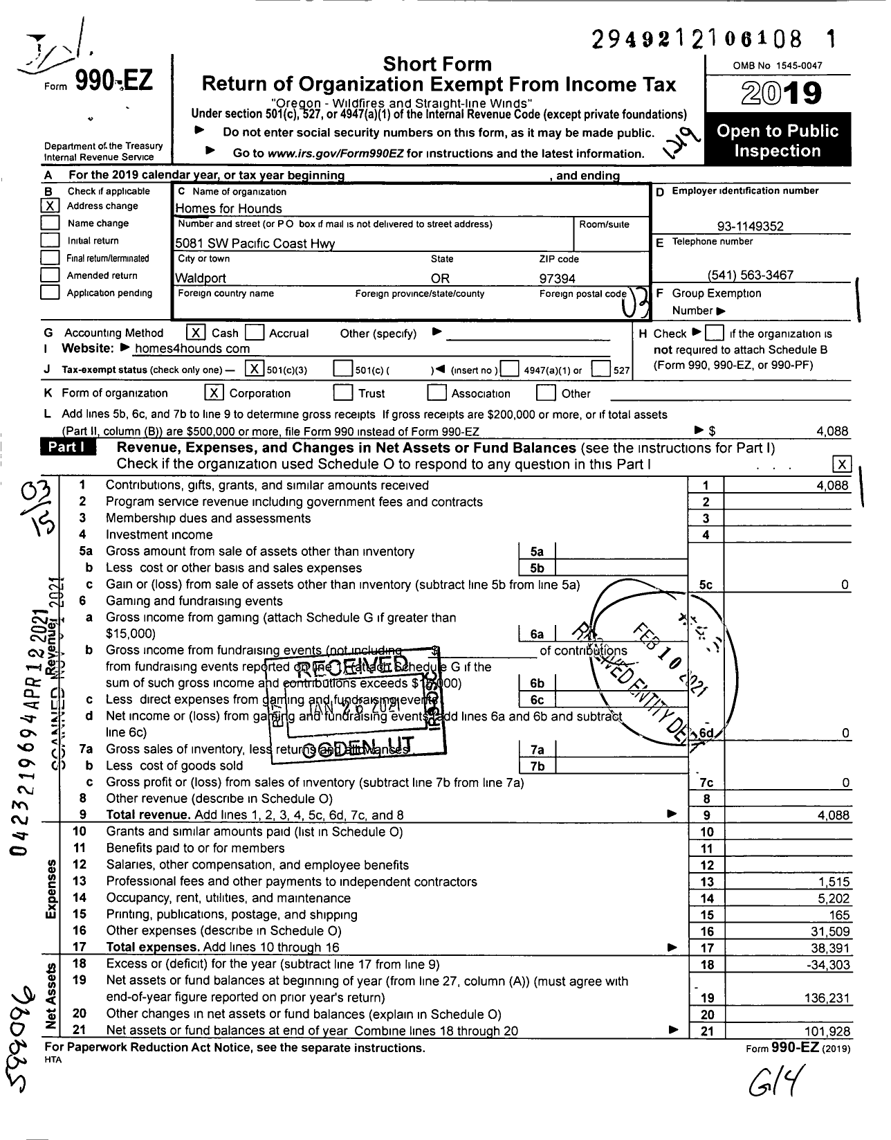 Image of first page of 2019 Form 990EZ for Homes for Hounds