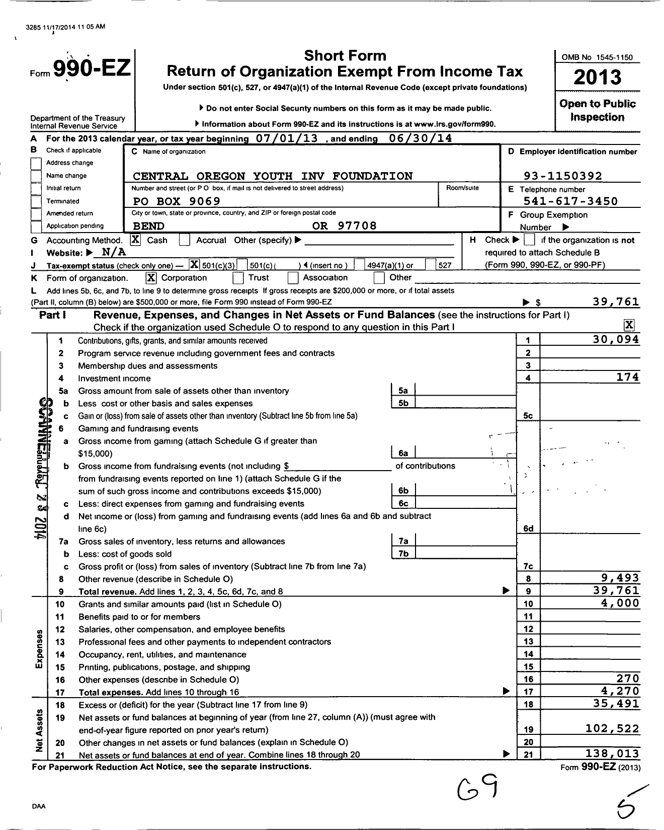 Image of first page of 2013 Form 990EZ for Central Oregon Youth Investment Foundation