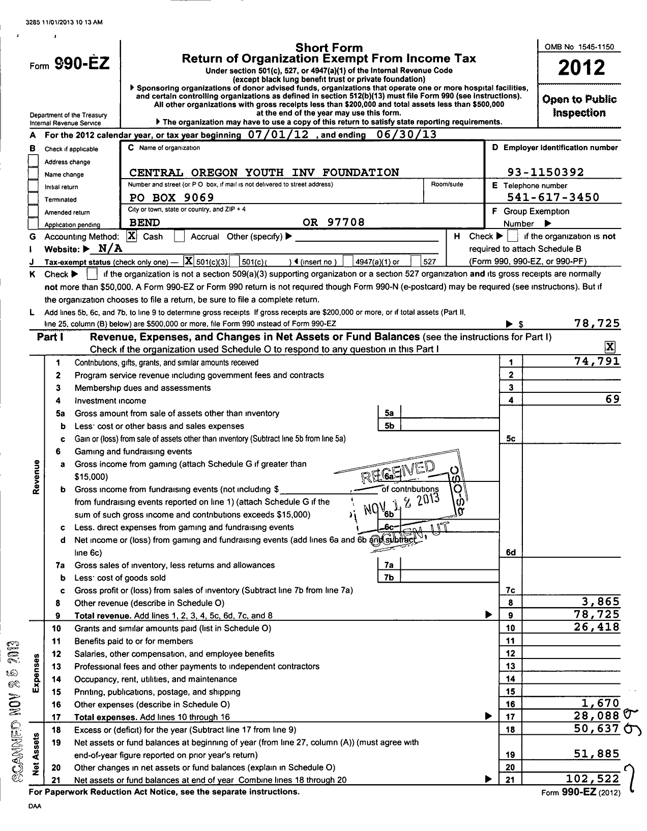 Image of first page of 2012 Form 990EZ for Central Oregon Youth Investment Foundation