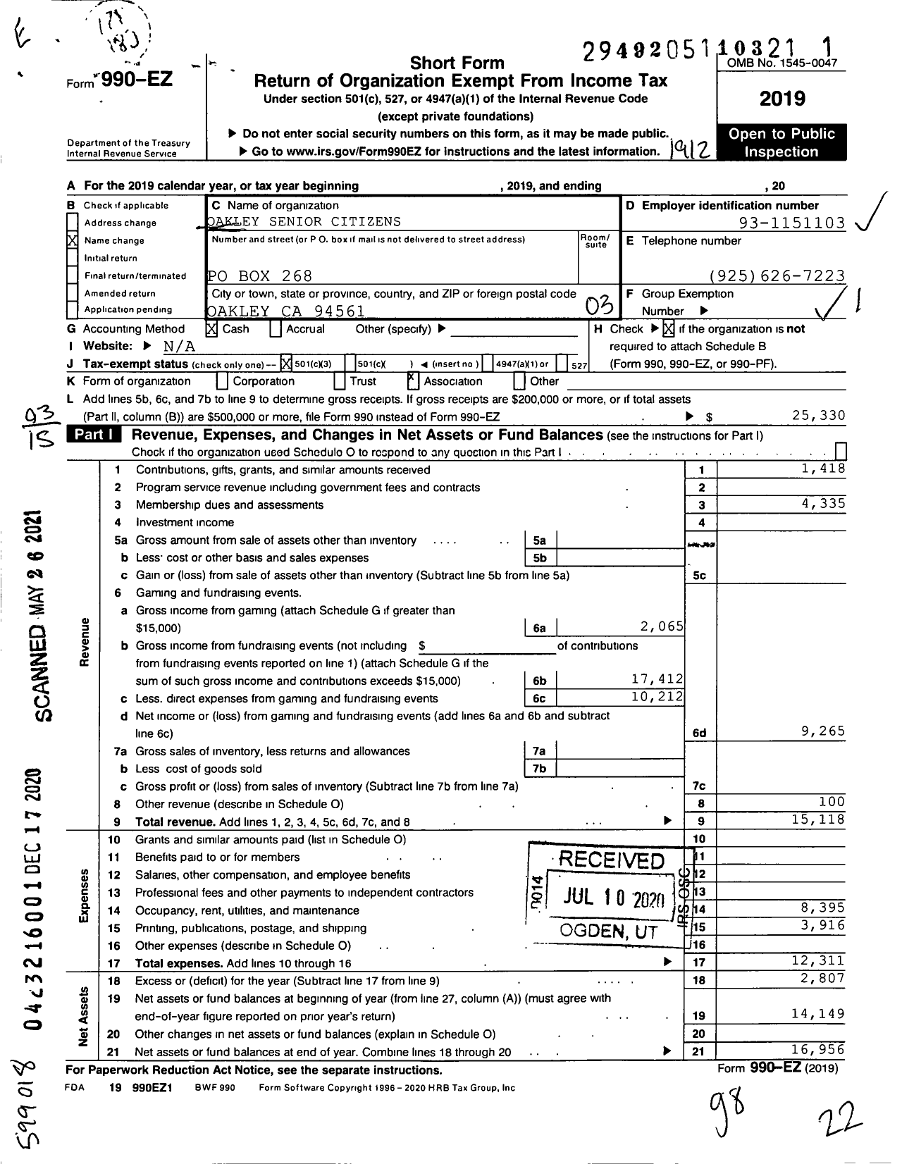 Image of first page of 2019 Form 990EZ for Oakley Senior Citizens