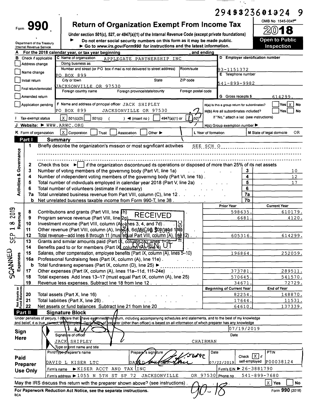 Image of first page of 2018 Form 990 for Applegate Partnership