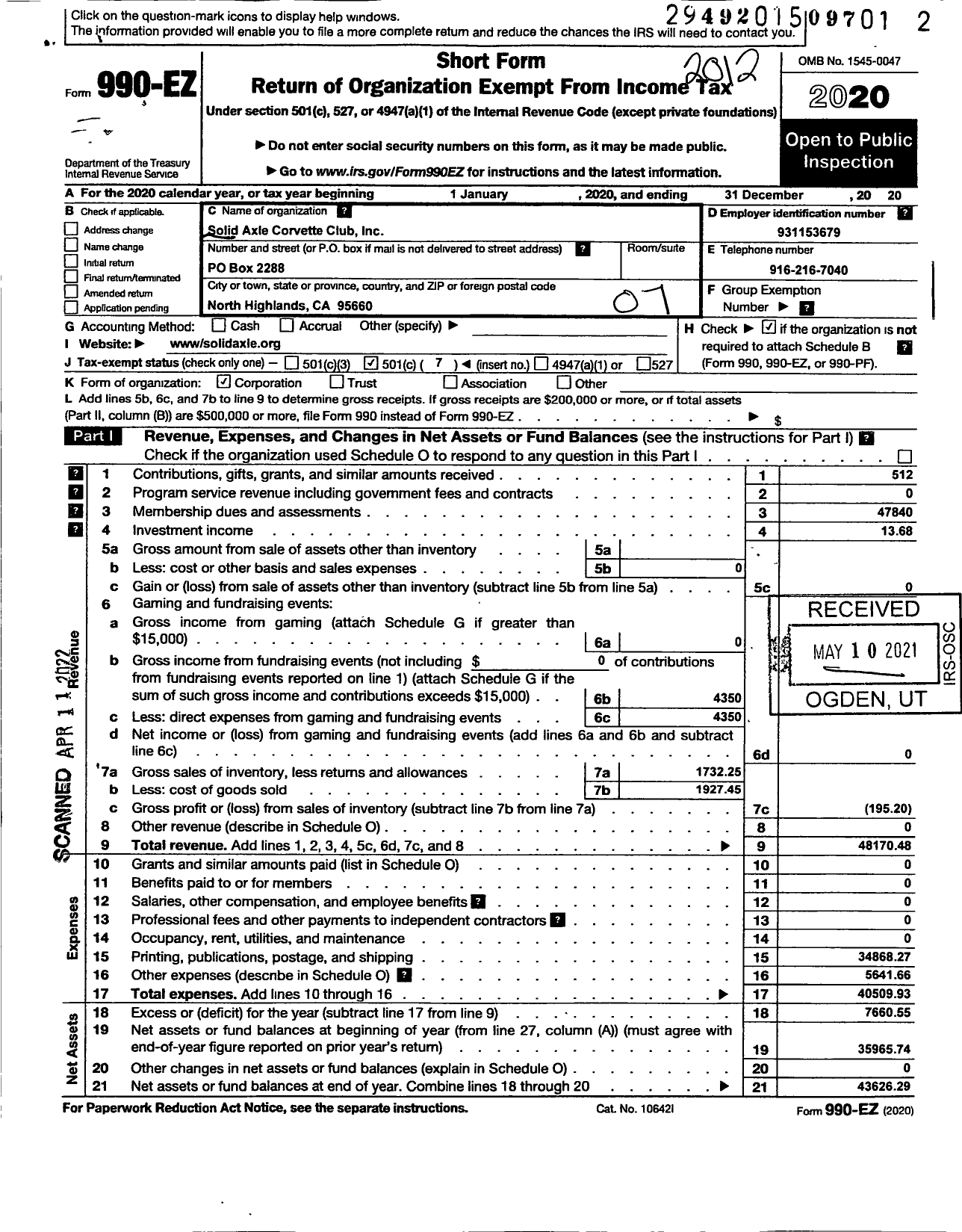 Image of first page of 2020 Form 990EO for Solid Axle Corvette Club