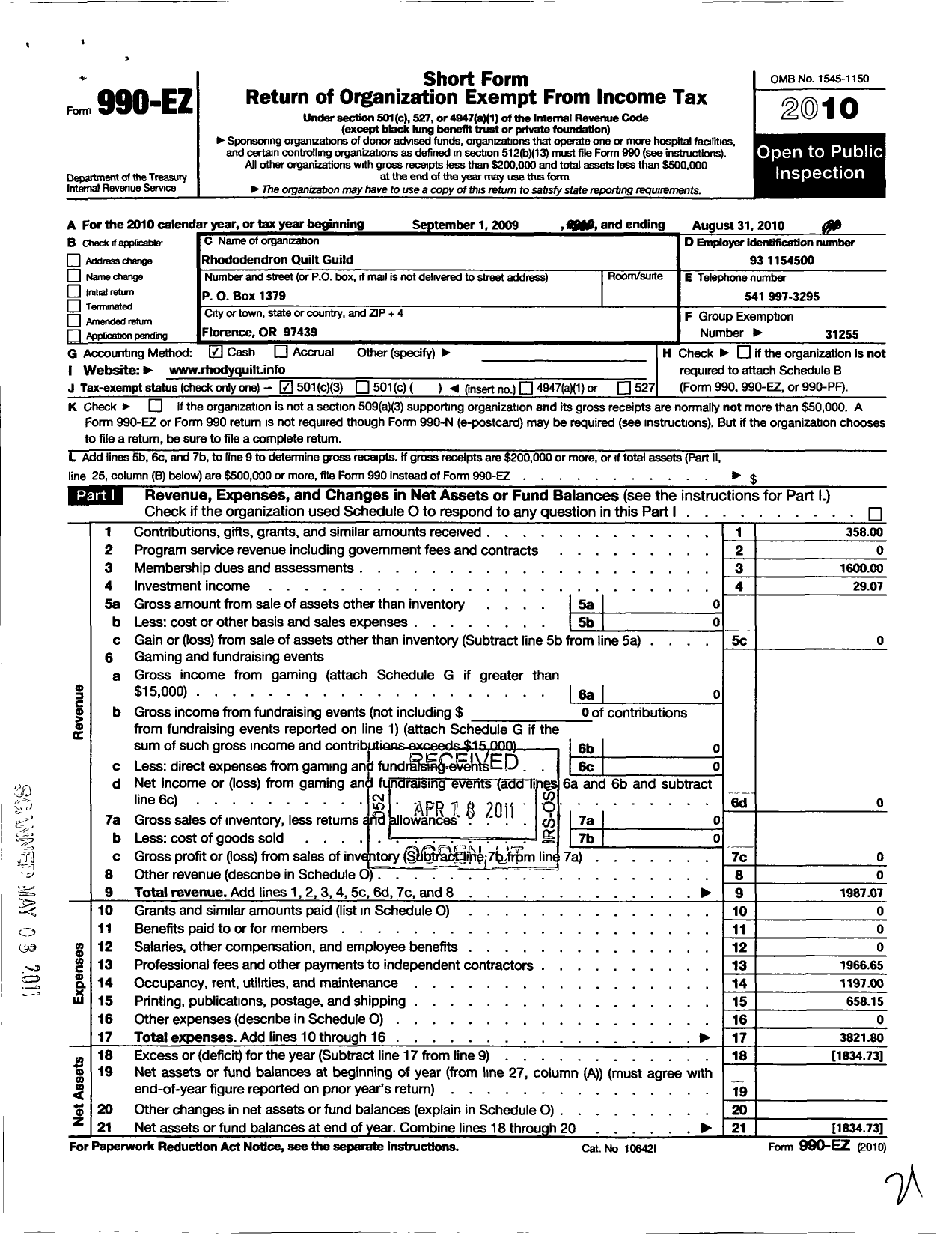 Image of first page of 2009 Form 990EZ for Rhododendron Quilt Guild