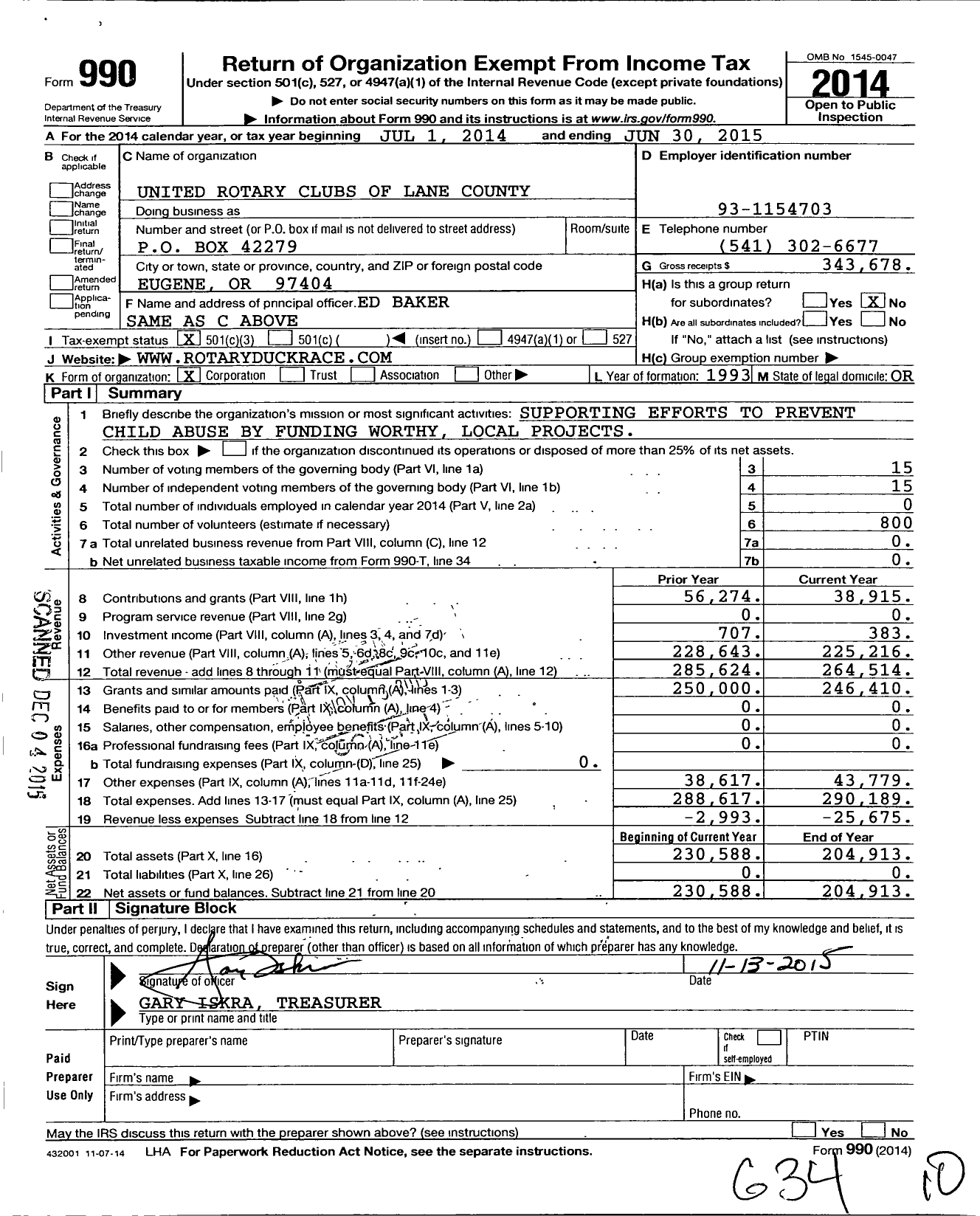 Image of first page of 2014 Form 990 for United Rotary Clubs of Lane County