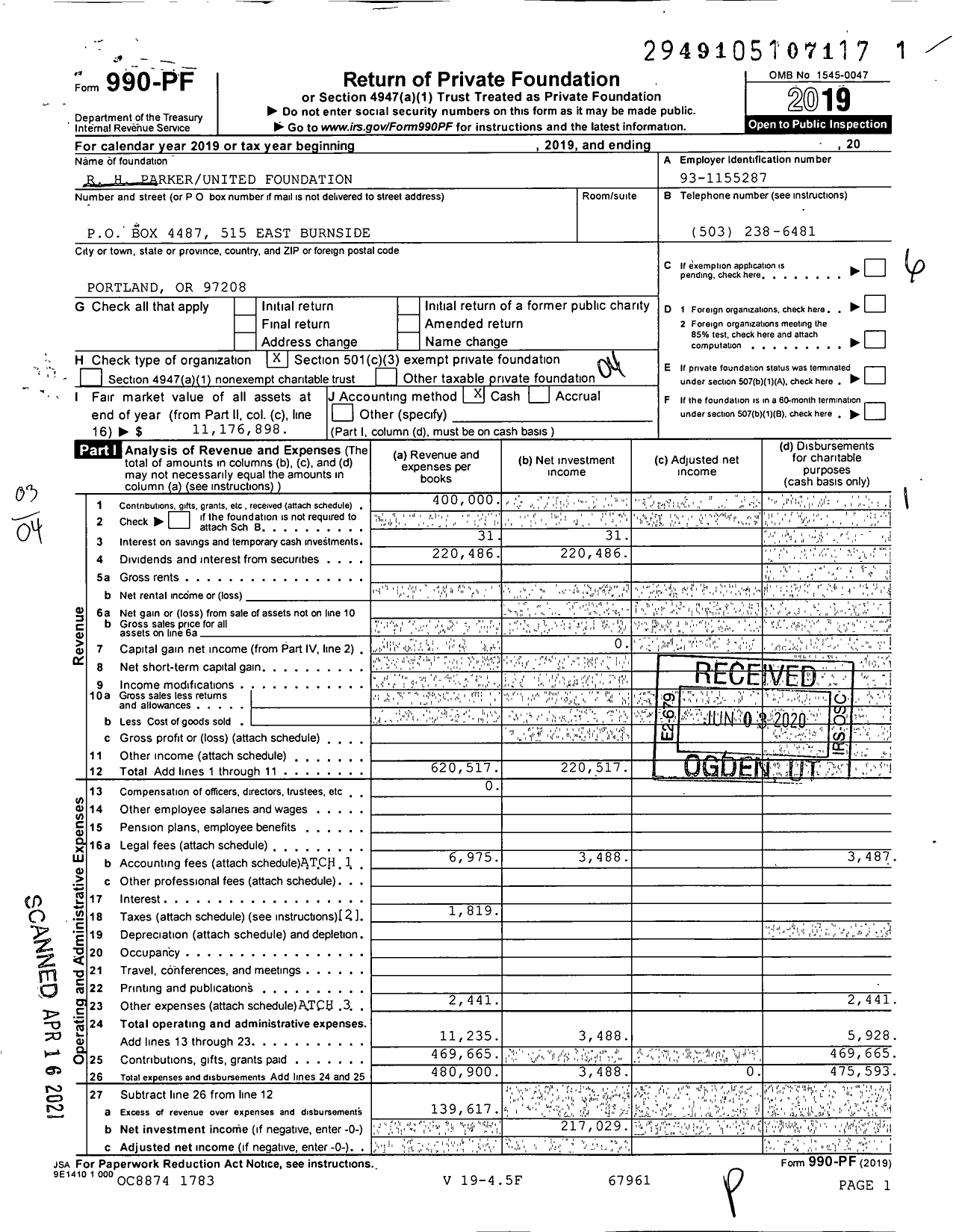 Image of first page of 2019 Form 990PF for R H Parkerunited Foundation