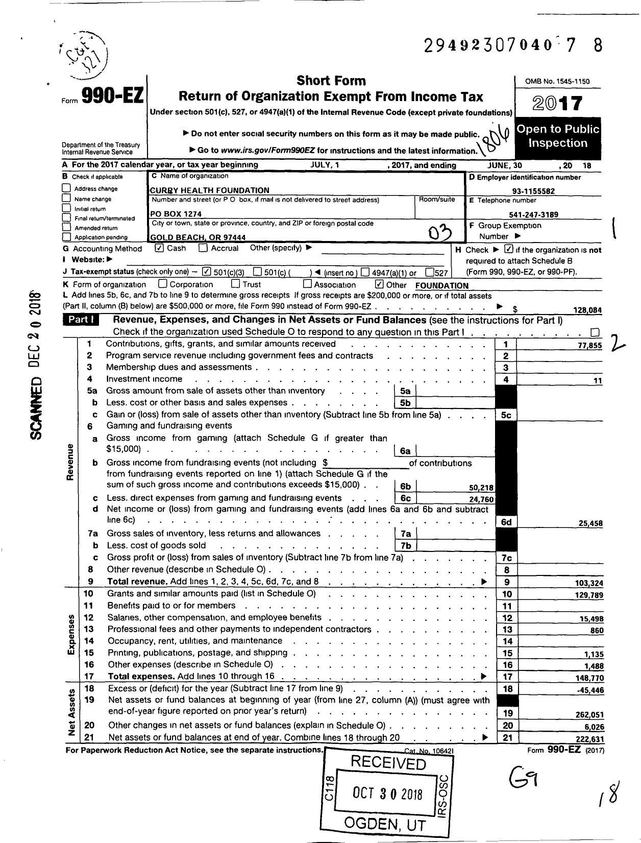 Image of first page of 2017 Form 990EZ for Curry Health Foundation