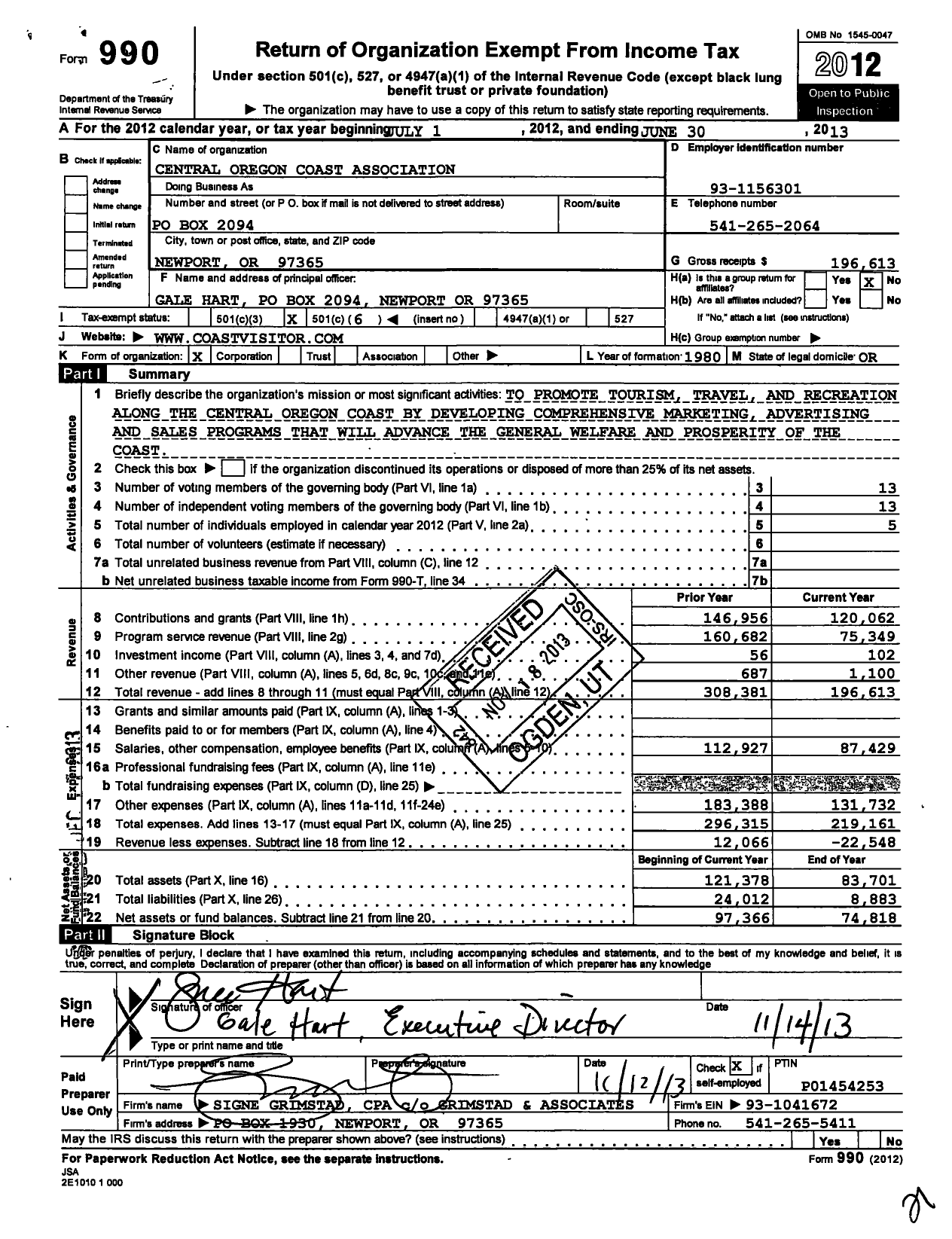 Image of first page of 2012 Form 990O for Central Oregon Coast Association