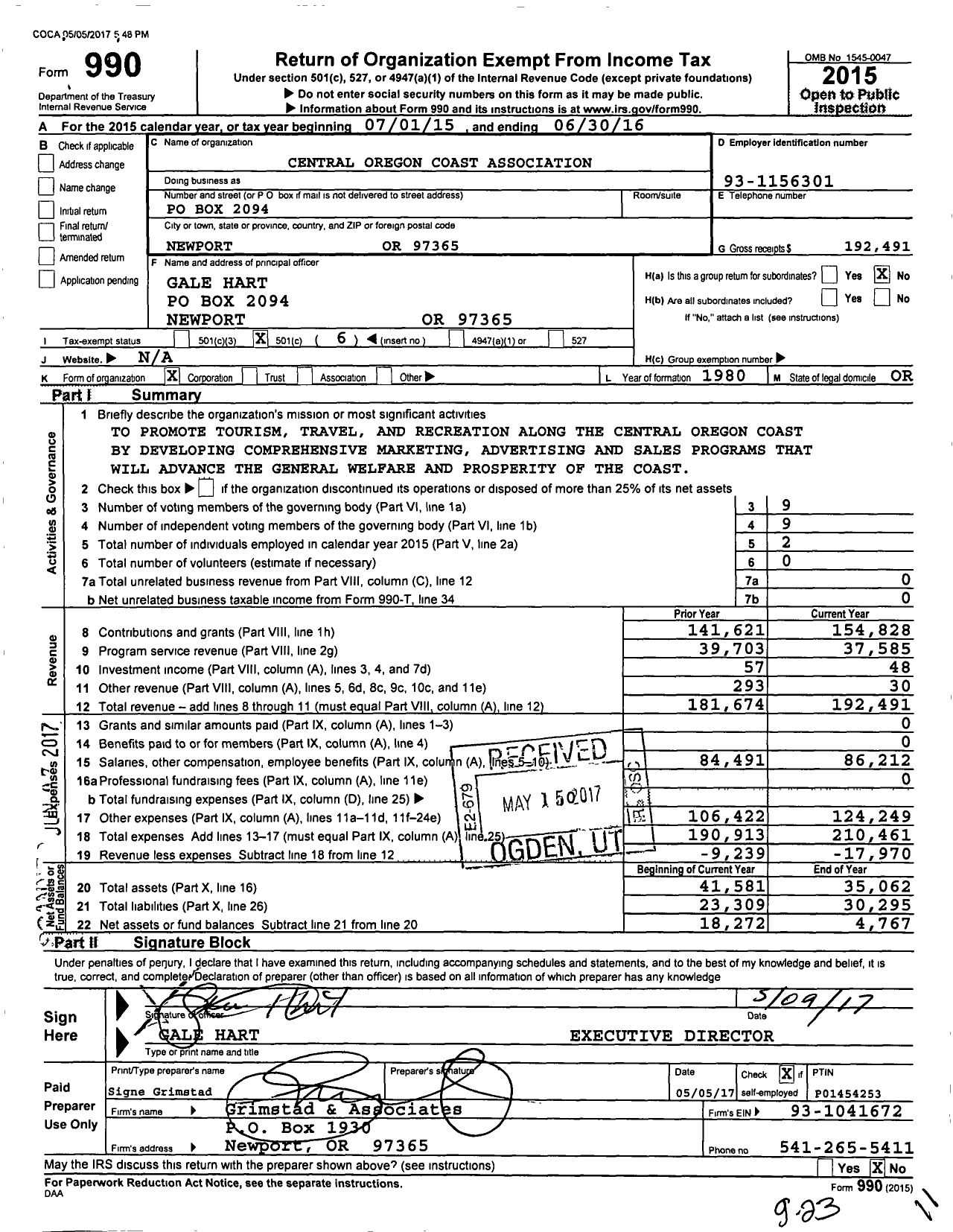 Image of first page of 2015 Form 990O for Central Oregon Coast Association