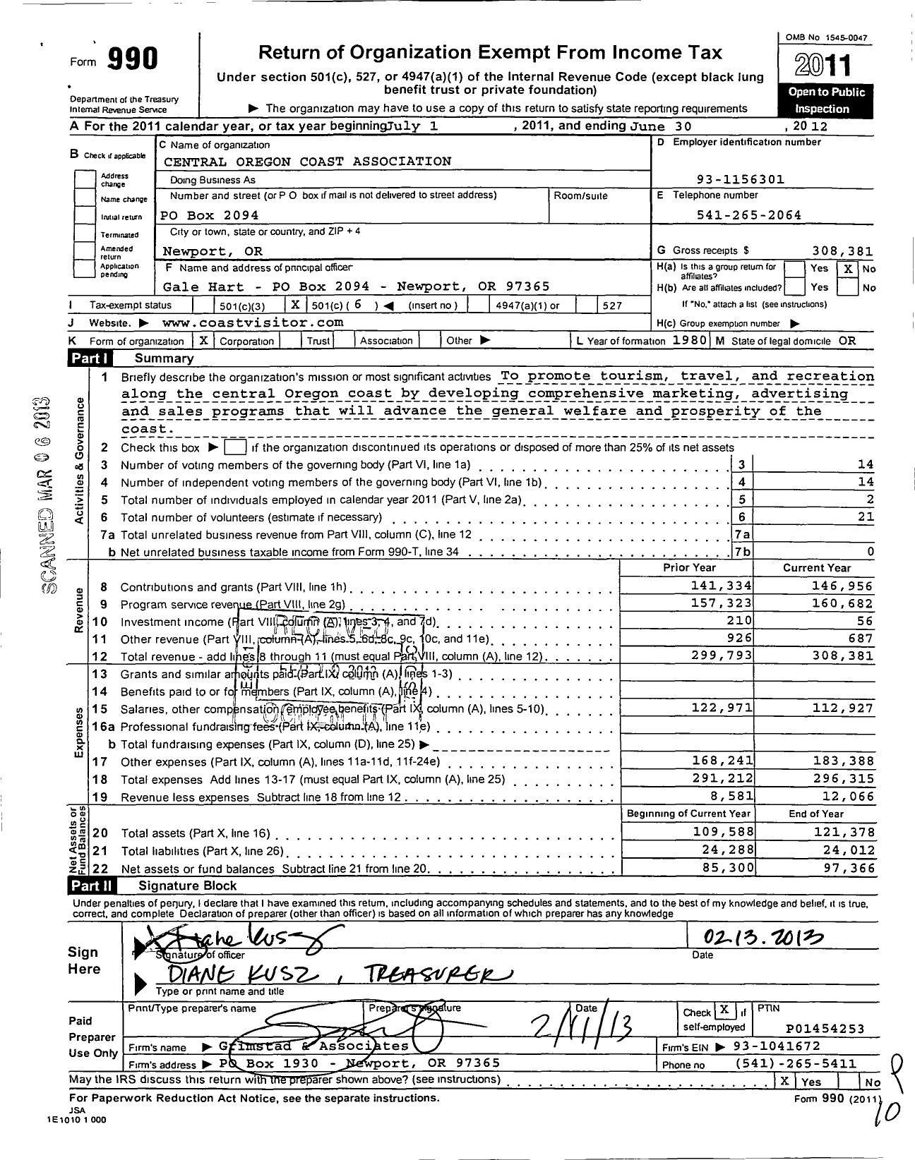 Image of first page of 2011 Form 990O for Central Oregon Coast Association