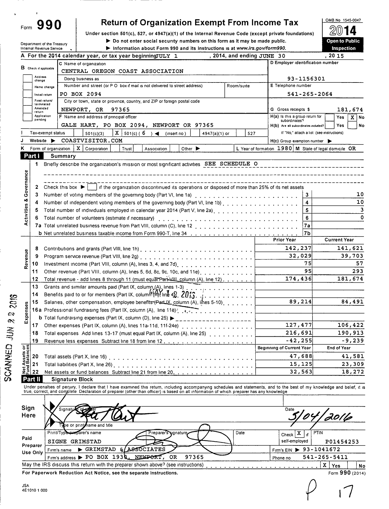 Image of first page of 2014 Form 990O for Central Oregon Coast Association