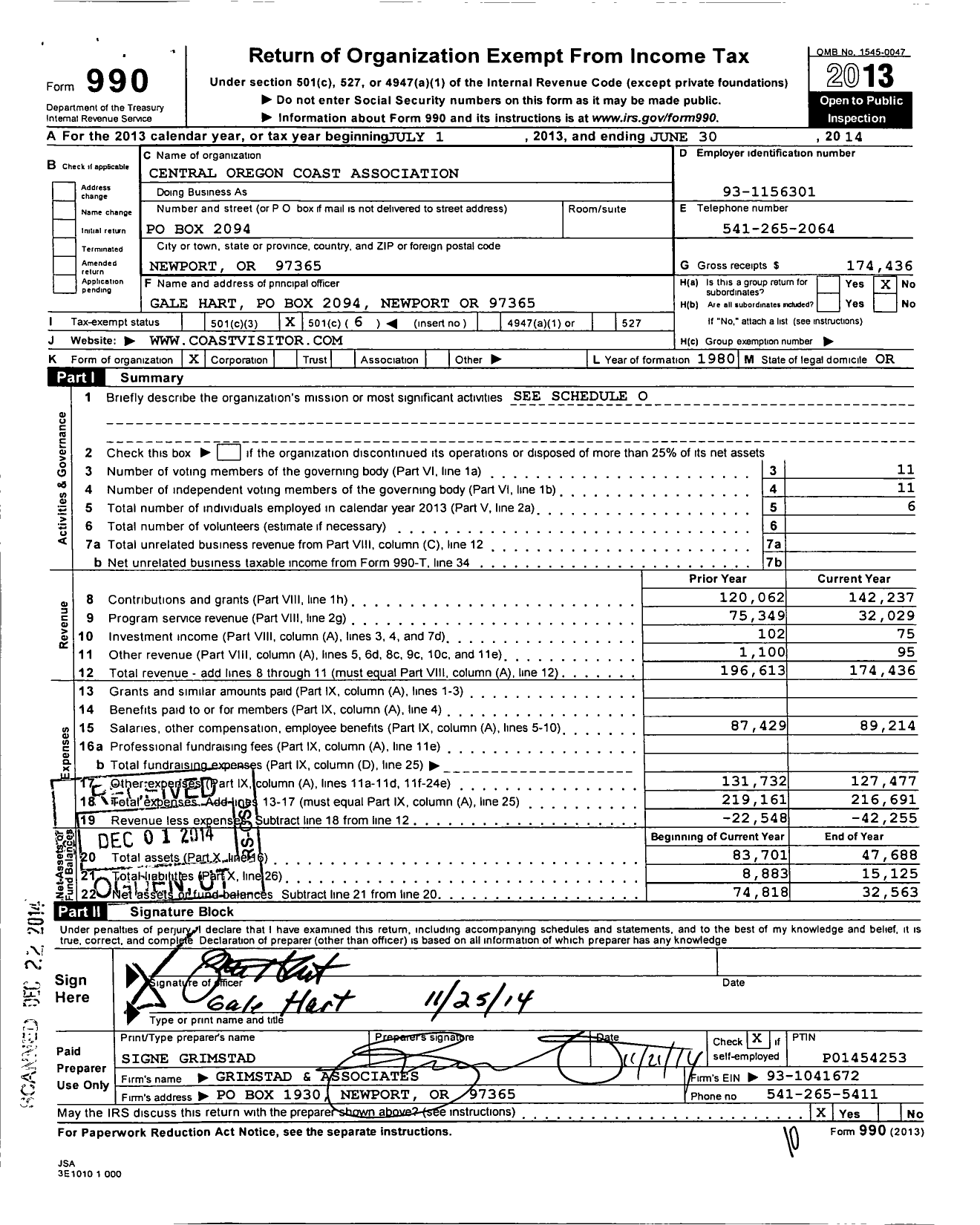 Image of first page of 2013 Form 990O for Central Oregon Coast Association