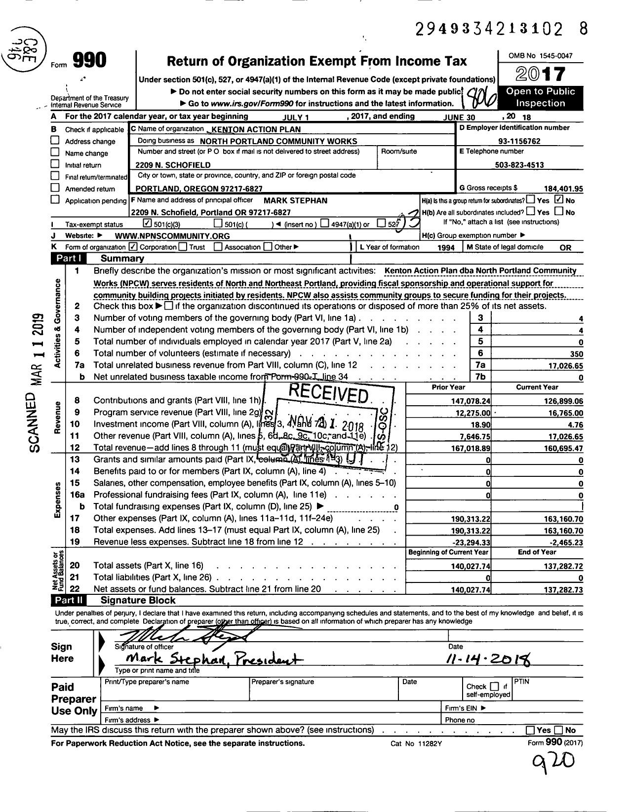 Image of first page of 2017 Form 990 for North Portland Community Works