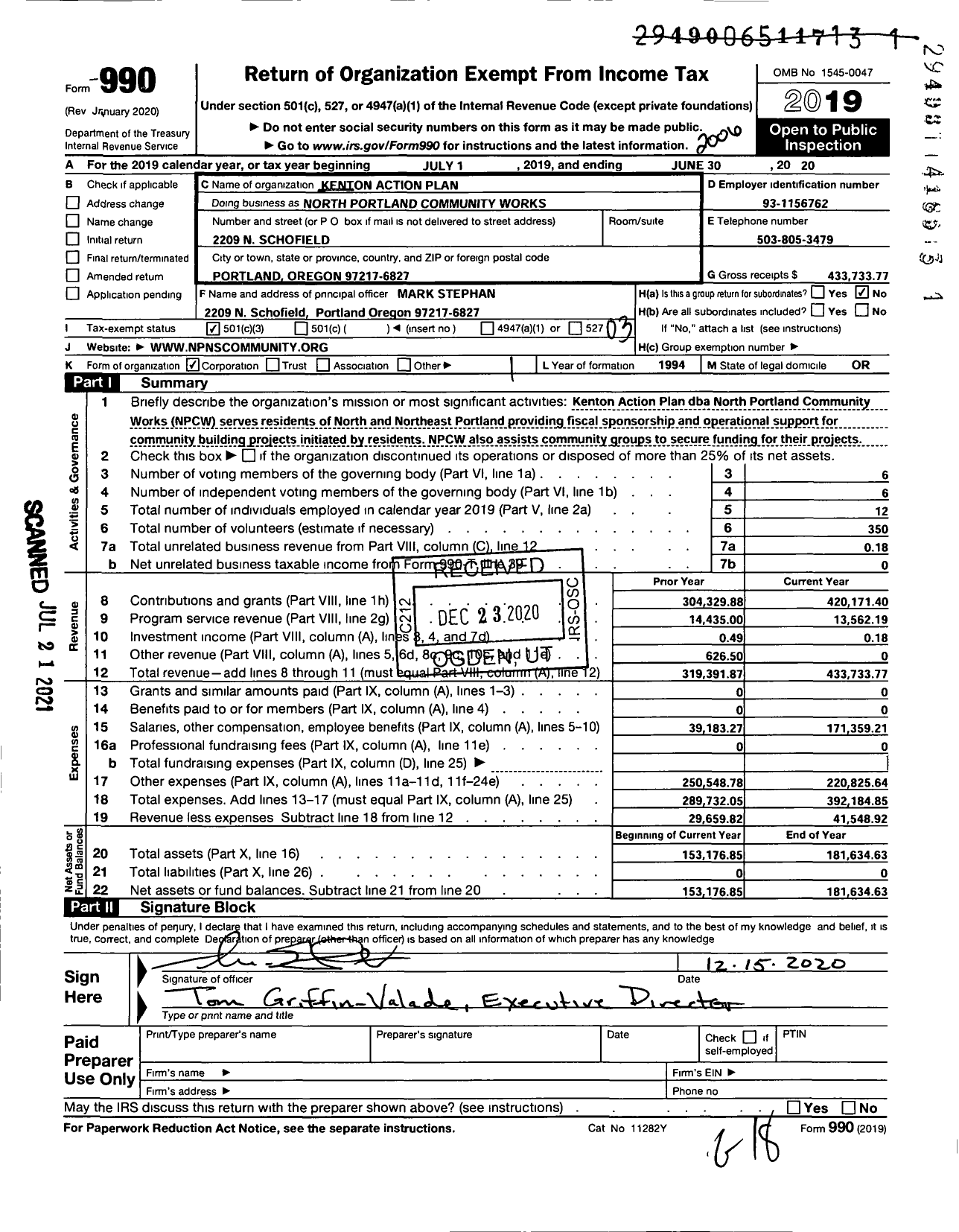 Image of first page of 2019 Form 990 for North Portland Community Works