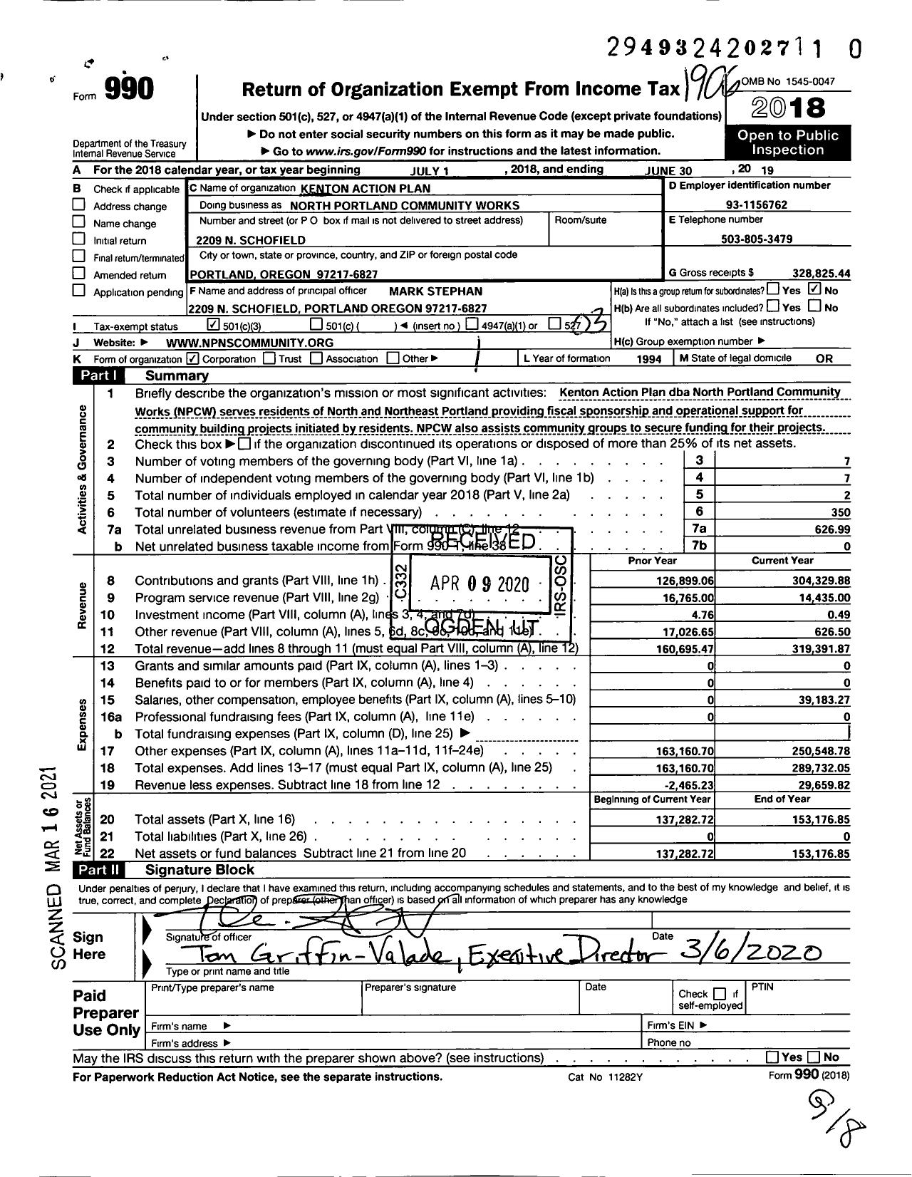 Image of first page of 2018 Form 990 for North Portland Community Works